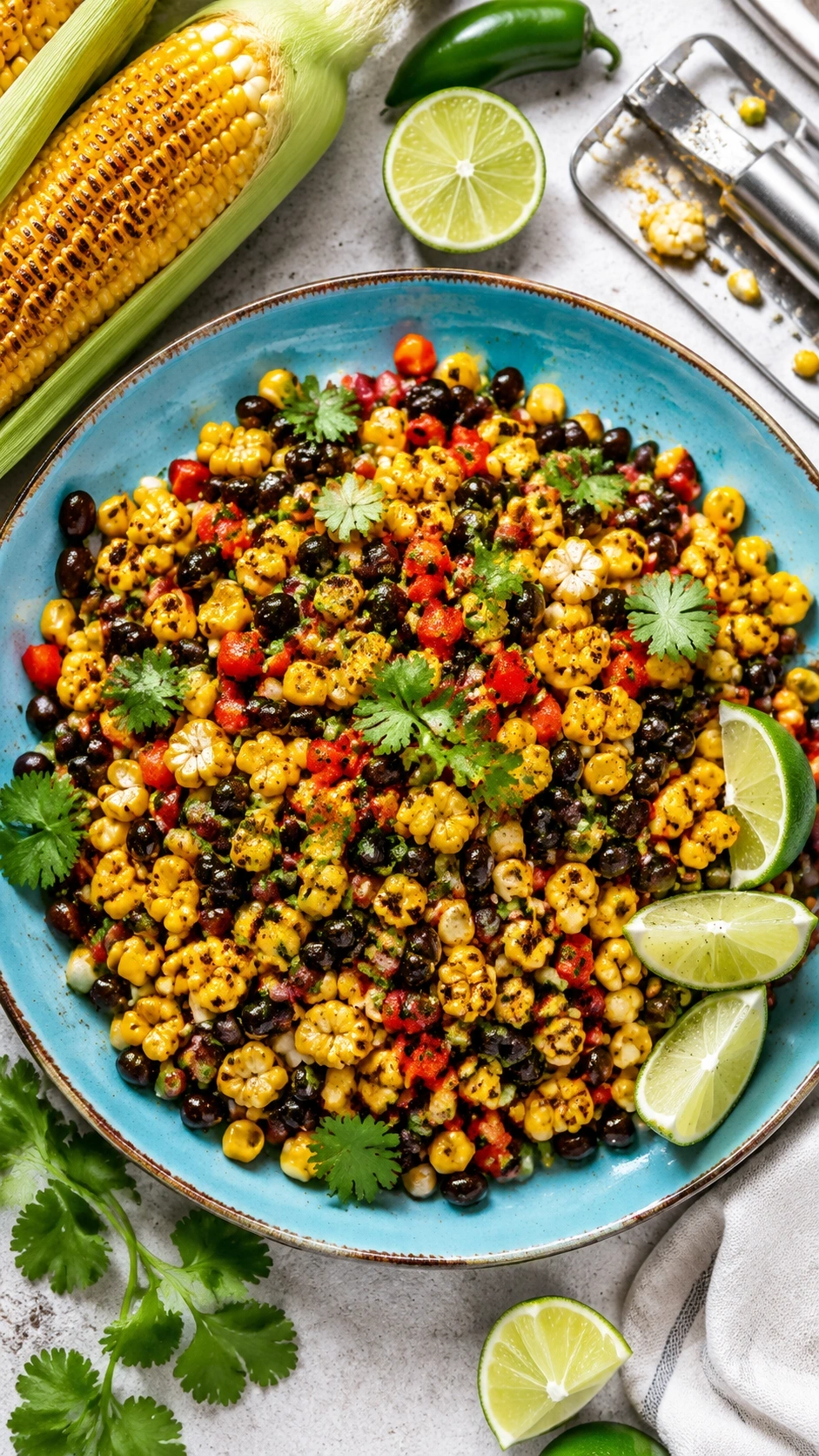 Colorful charred corn and black bean salad with red peppers and lime dressing in a top-down summer barbecue flat lay.