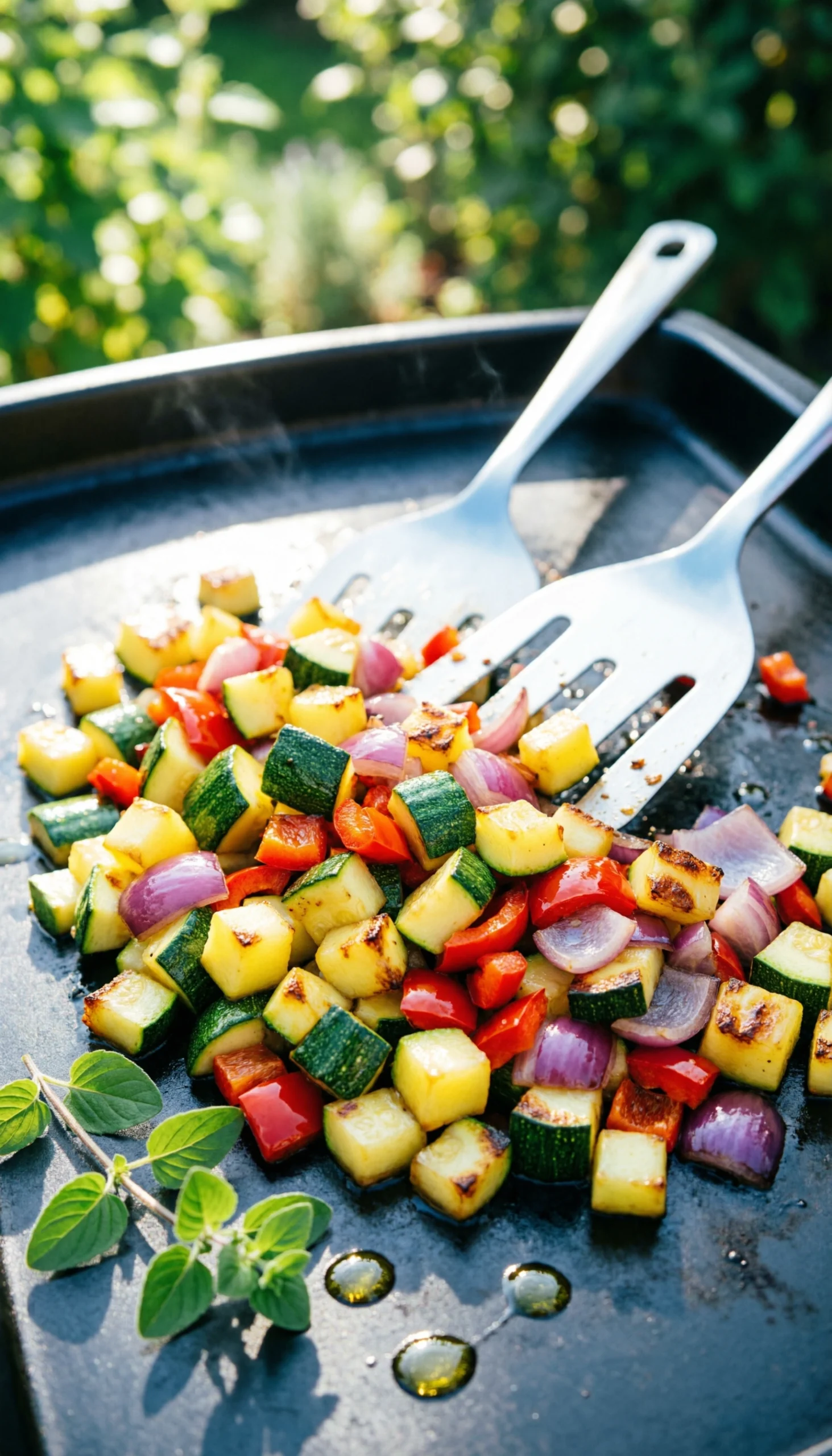 Colorful Chopped Zucchini, Yellow Squash, Bell Peppers, And Red Onions Sautéing With Herbs On A Dark Griddle, With Spatulas Mid-Toss.