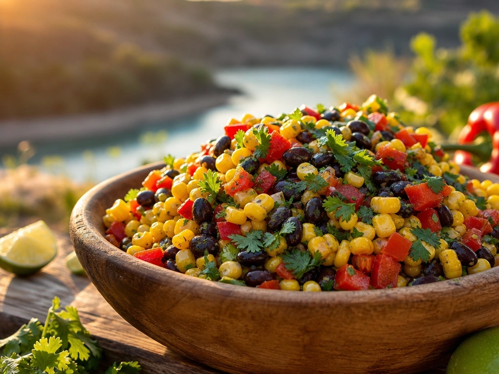 Colorful corn and black bean salad with red bell peppers and lime dressing in a rustic wooden bowl outdoors.