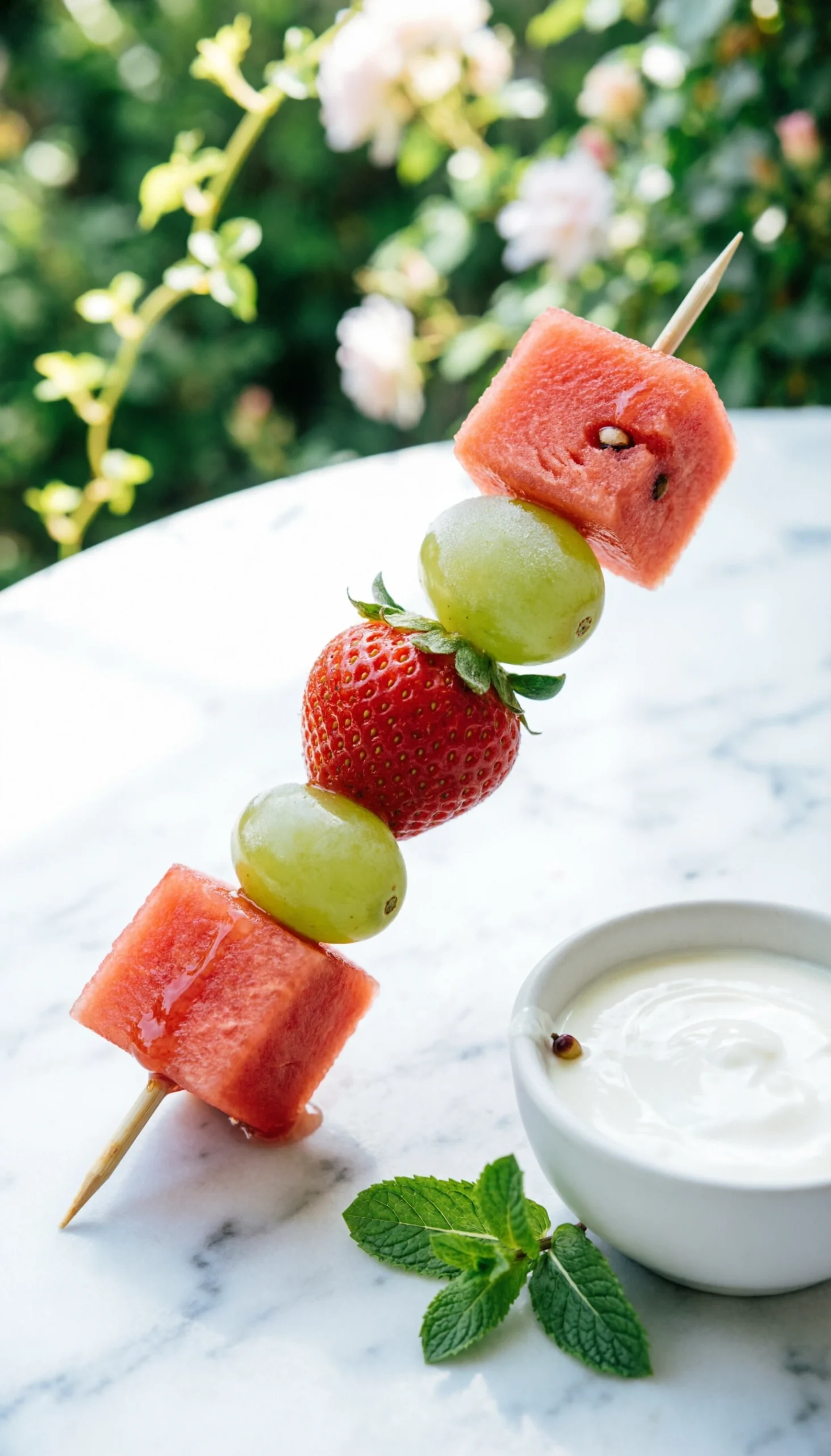 Colorful fresh fruit kabobs with watermelon, strawberries, and green grapes, served with yogurt dip and fresh mint.