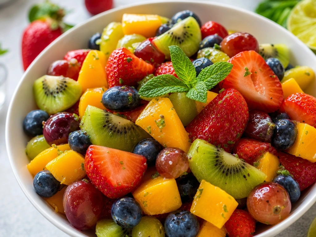 Colorful fresh fruit salad with strawberries, blueberries, and mango in a modern white bowl with mint.