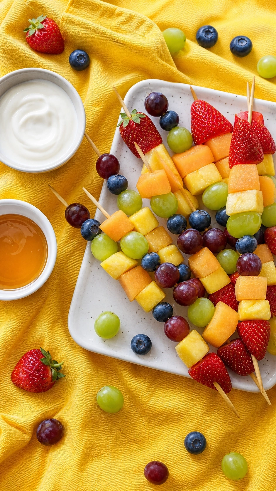 Colorful Fruit Skewers With Strawberries, Melon, Grapes, And Blueberries On A White Platter With A Side Of Yogurt Dip For A Healthy Snack.