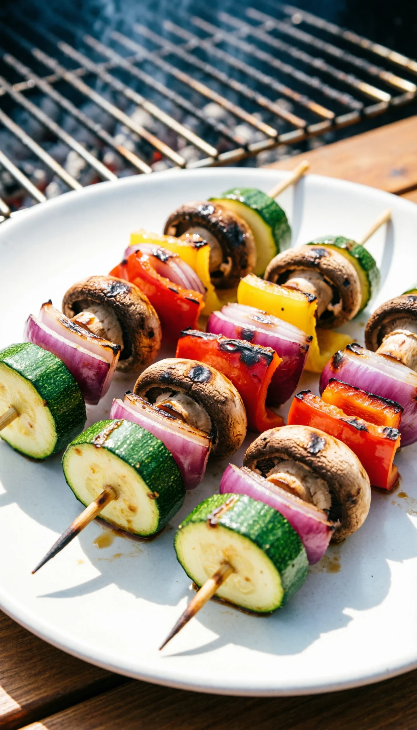 Colorful grilled Asian vegetable skewers with zucchini, bell peppers, and mushrooms, showing char marks on a white platter.