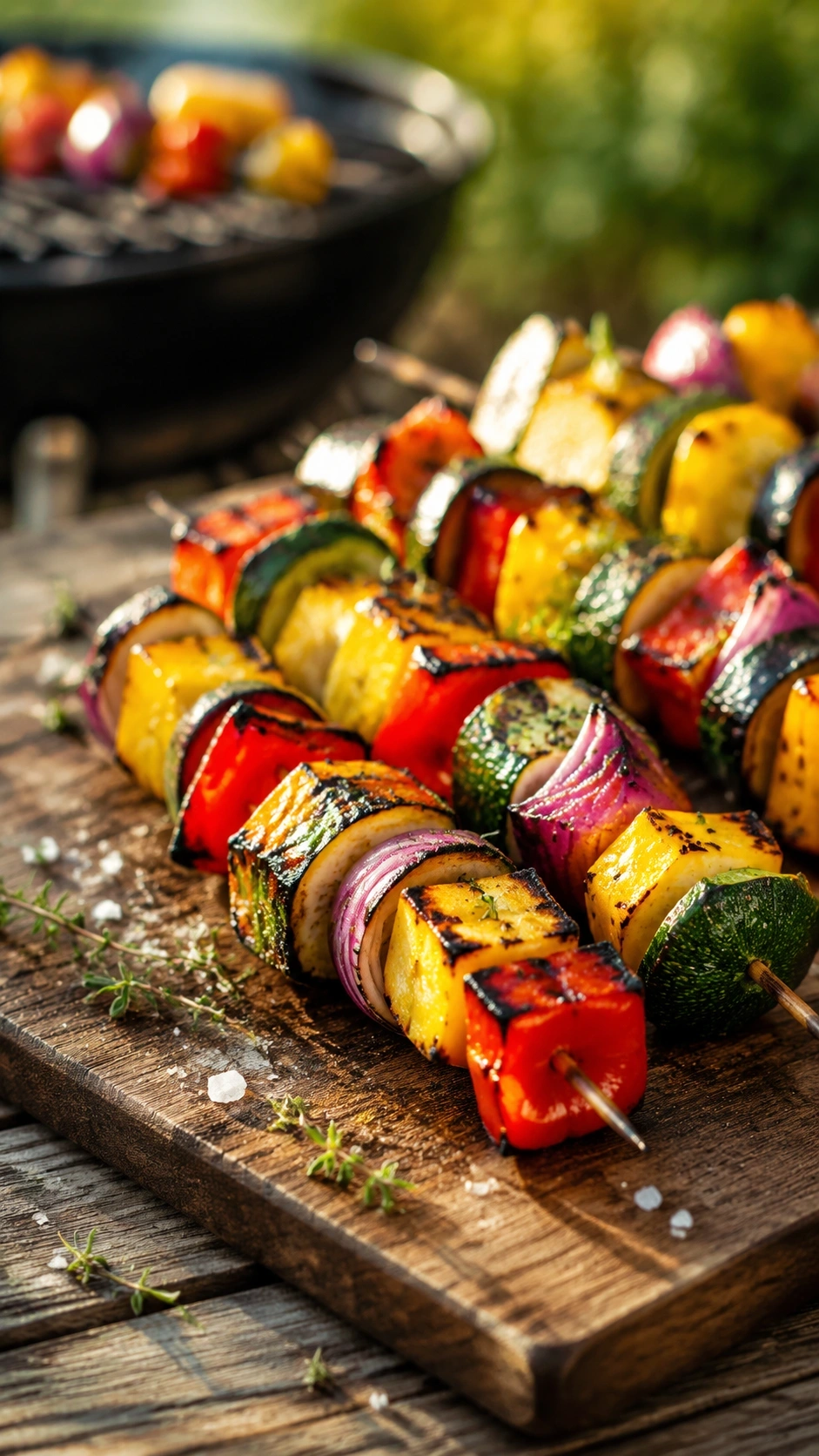 Colorful grilled vegetable skewers with zucchini, bell peppers, and onions on a wooden board at a summer BBQ.