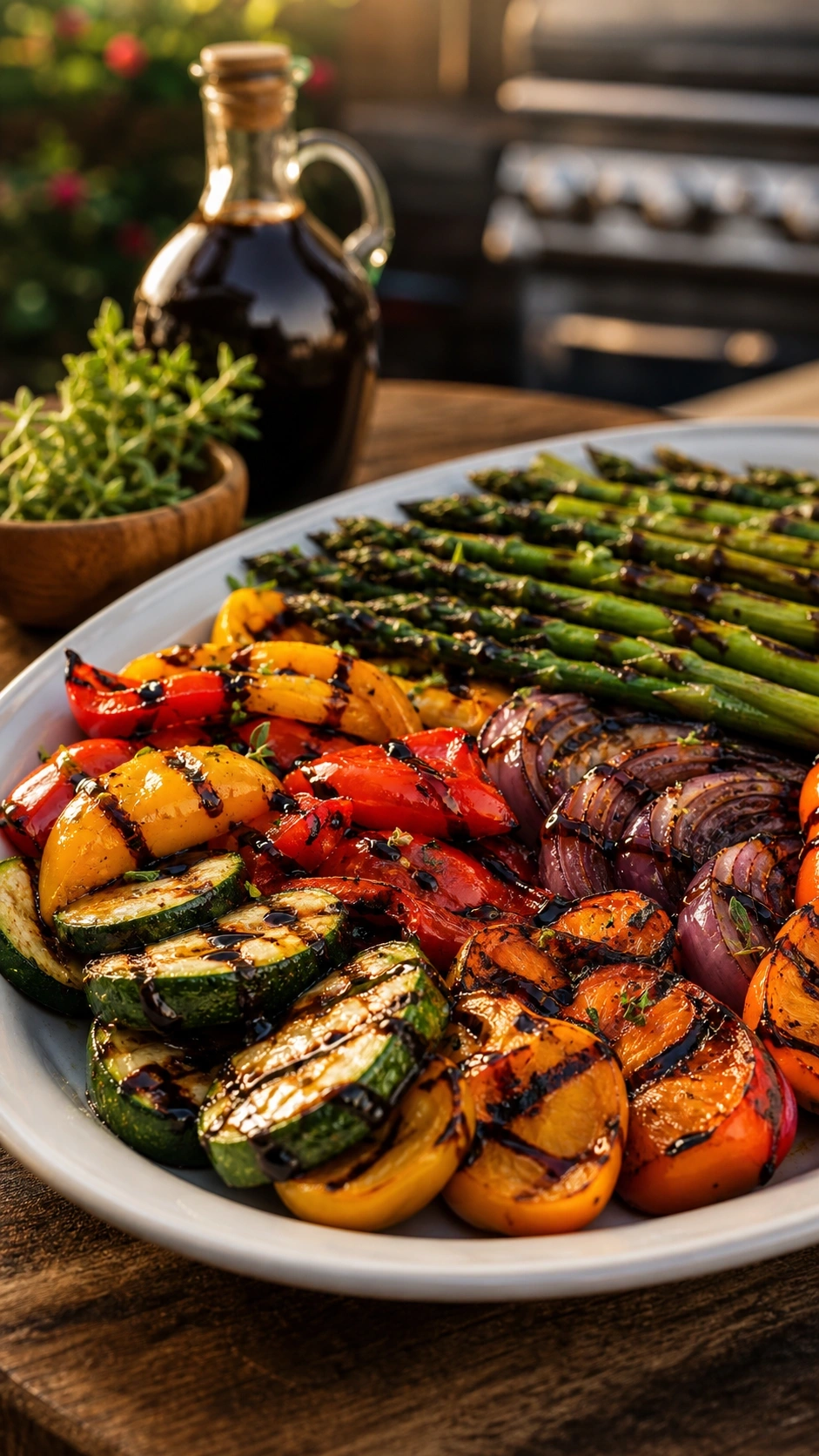 Colorful Grilled Vegetables Platter With Bell Peppers, Zucchini, Asparagus, And Red Onions, Showing Char Marks, Drizzled With Balsamic Glaze.