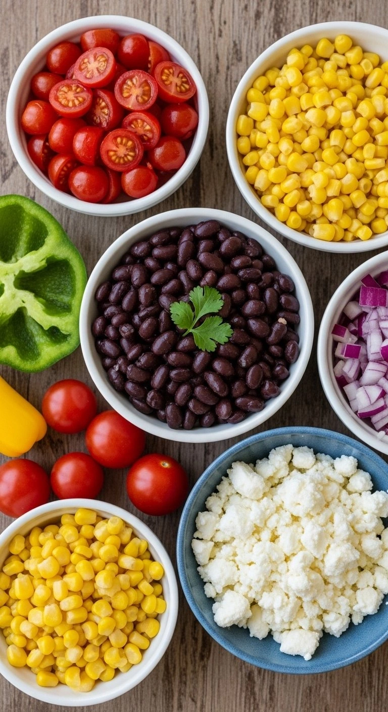 Colorful Meal Prep Toppings Of Cherry Tomatoes, Black Beans, Corn, And Feta Cheese In Small Bowls On Wood.
