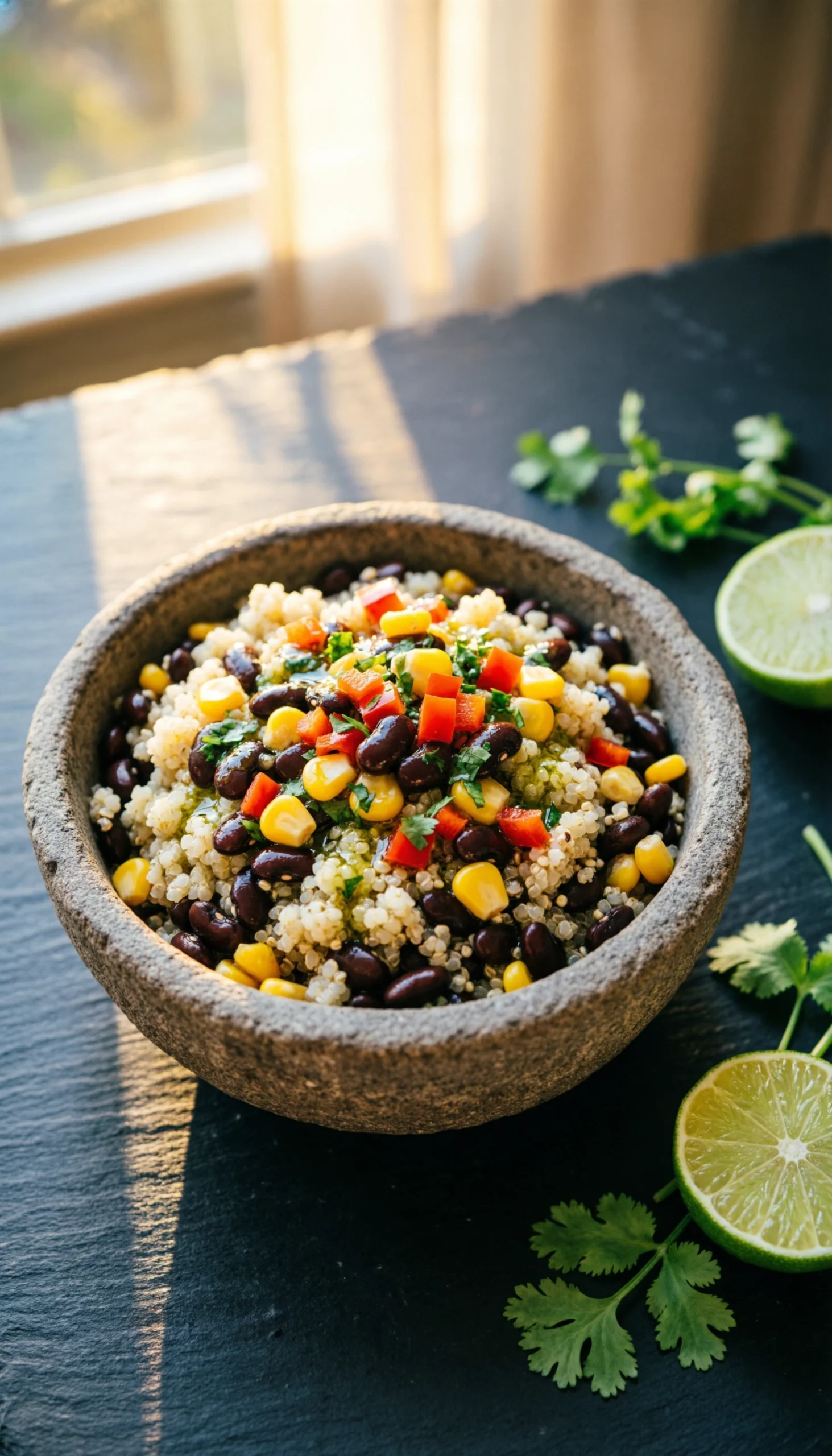 Colorful quinoa and black bean salad with corn, red bell pepper, and cilantro in a rustic bowl on dark slate.
