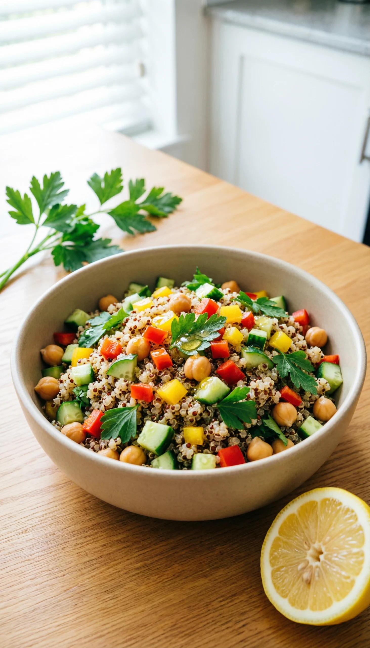 Colorful quinoa salad with chickpeas, bell peppers, and parsley in a ceramic bowl on a light wooden table.