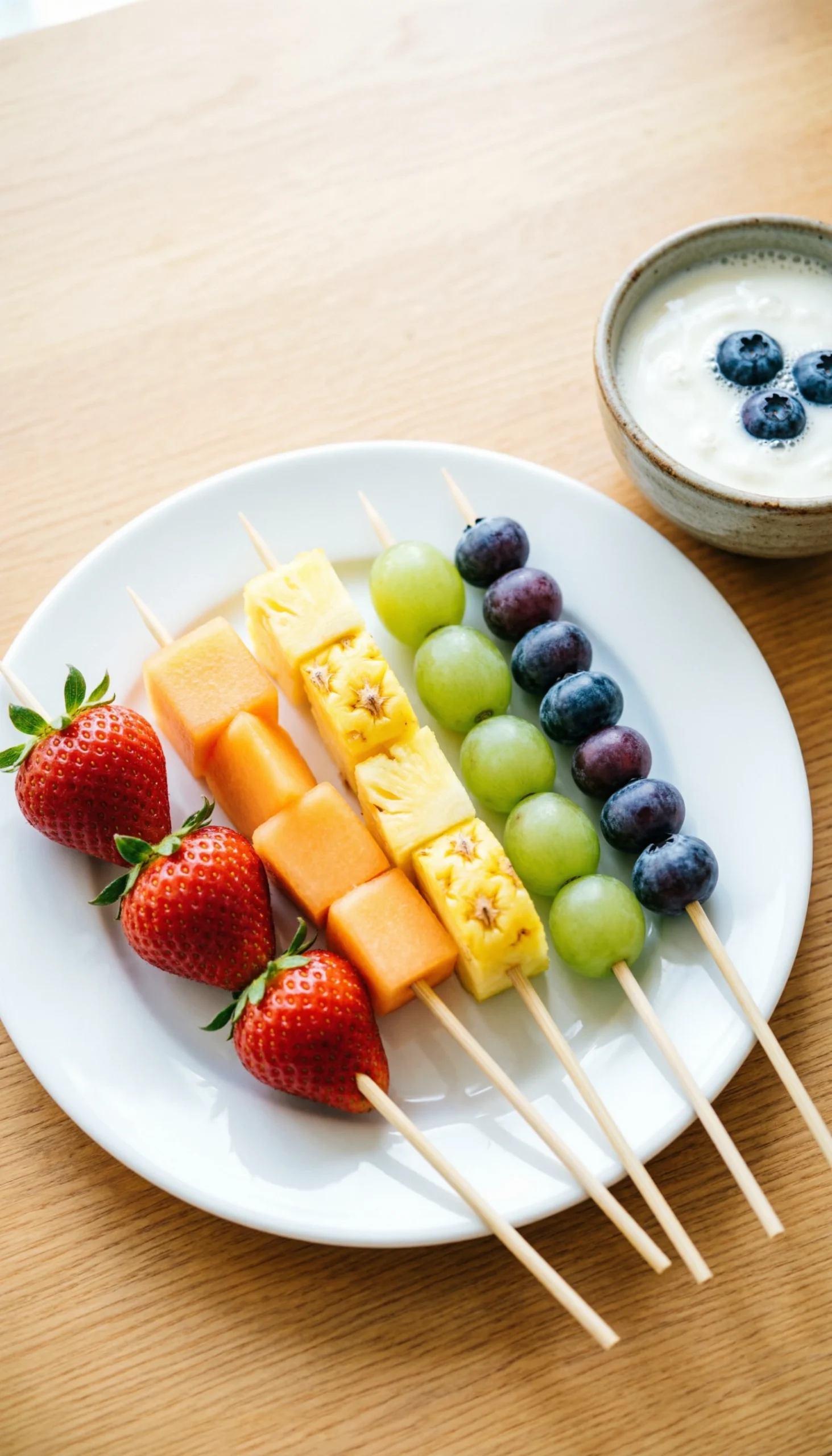 Colorful rainbow fruit skewers with strawberries, pineapple, grapes, and blueberries on a white platter with yogurt dip.