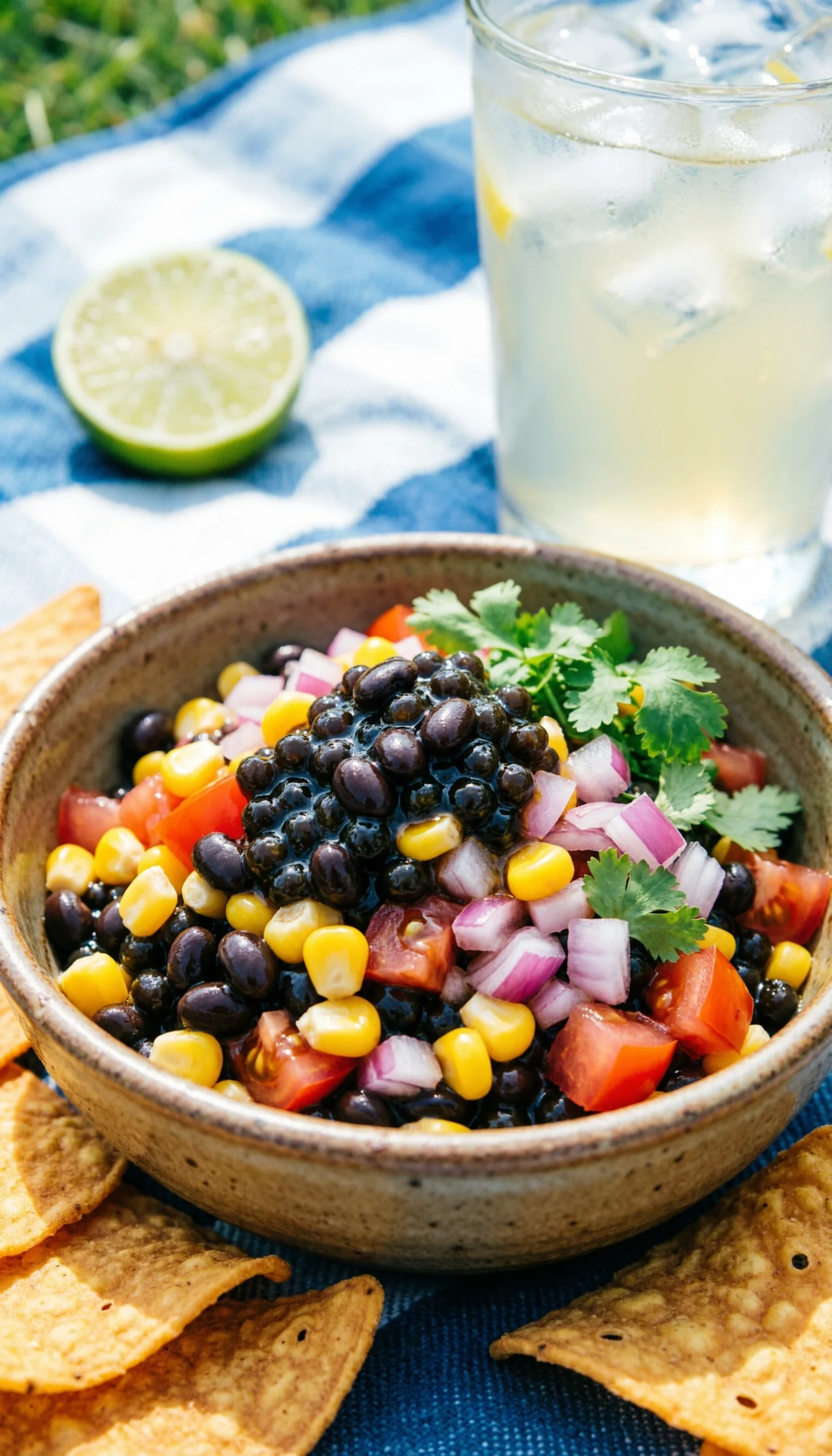 Colorful summer cowboy caviar dip with black beans, corn, and tomatoes in a rustic bowl, served with crisp tortilla chips.