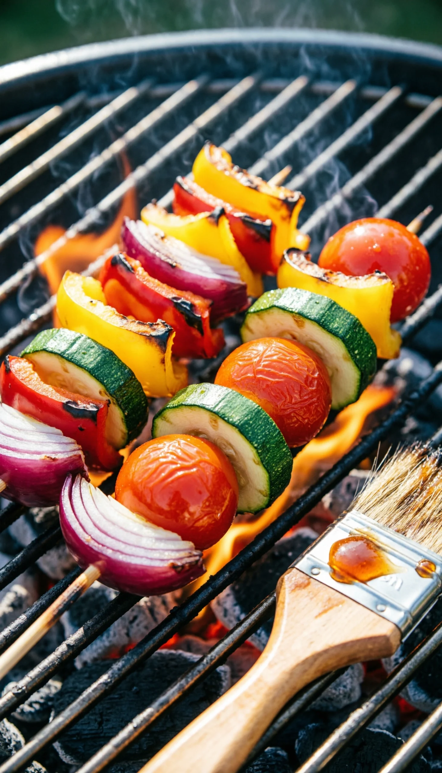 Colorful vegan vegetable skewers with red onion, bell peppers, zucchini, and cherry tomatoes sizzling on a grill with char marks.