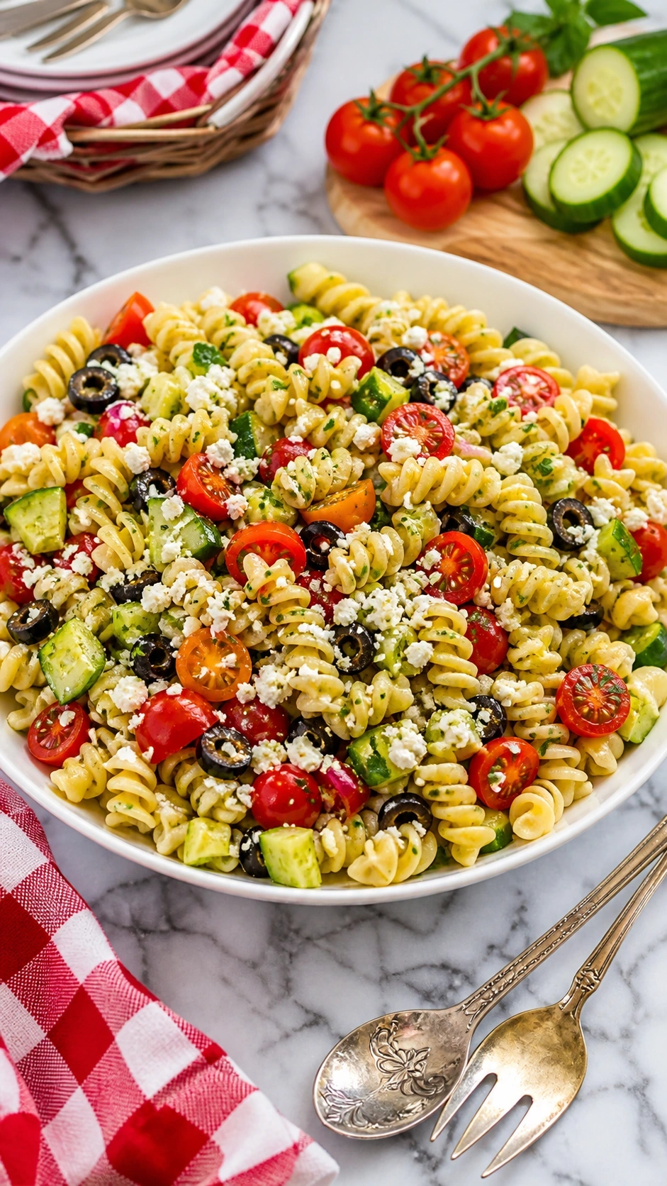 Colorful vegetarian rotini pasta salad with cherry tomatoes, cucumbers, and feta cheese on a marble countertop.
