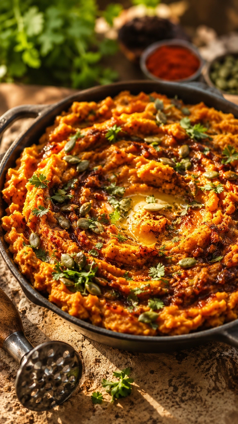 Cozy Smoked Sweet Potato Chipotle Mash With Melted Butter, Cilantro, And Toasted Pepitas In A Rustic Cast Iron Bowl.