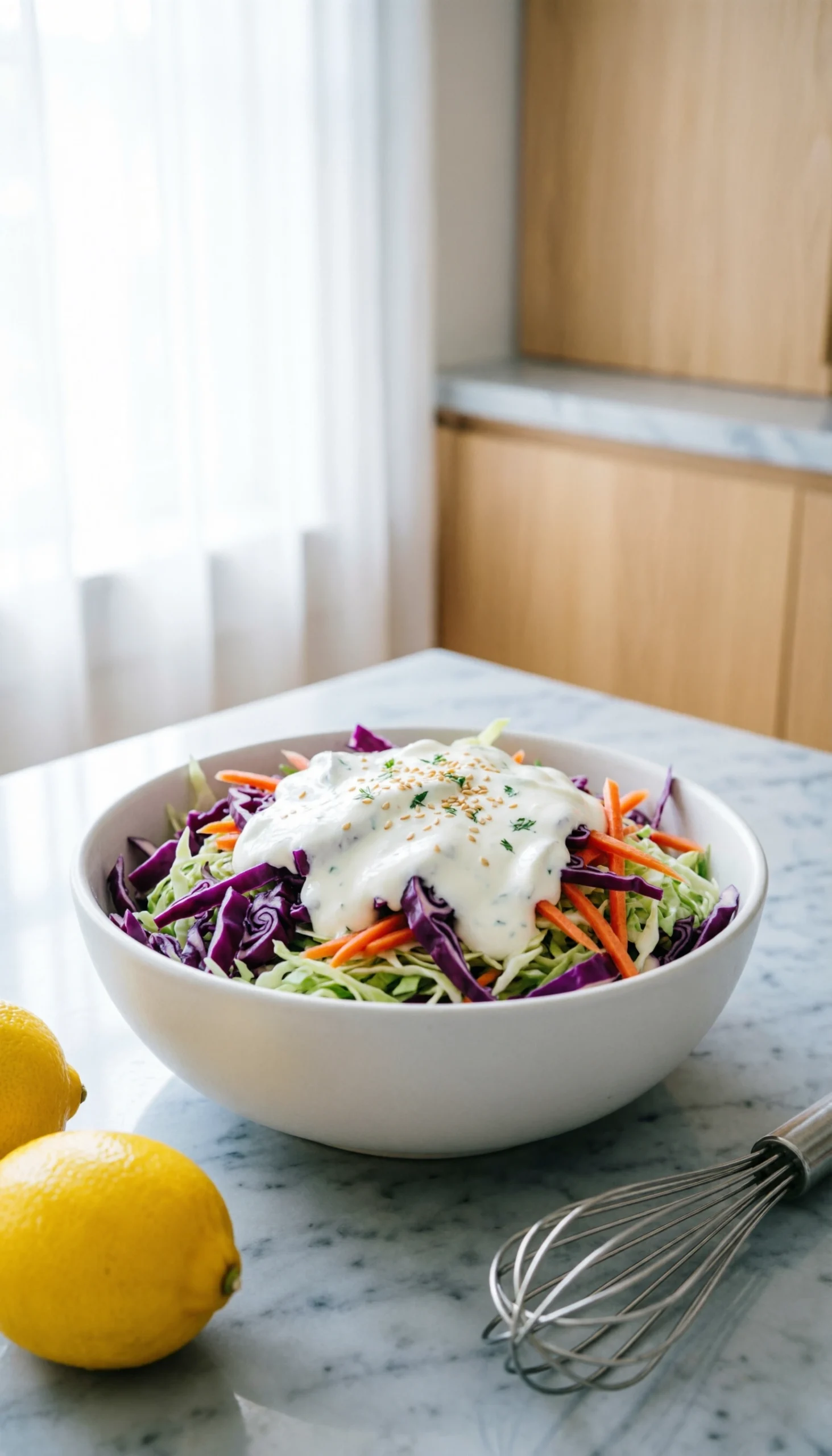 Creamy Greek yogurt coleslaw with purple cabbage and shredded carrots in a ceramic bowl on a marble countertop.