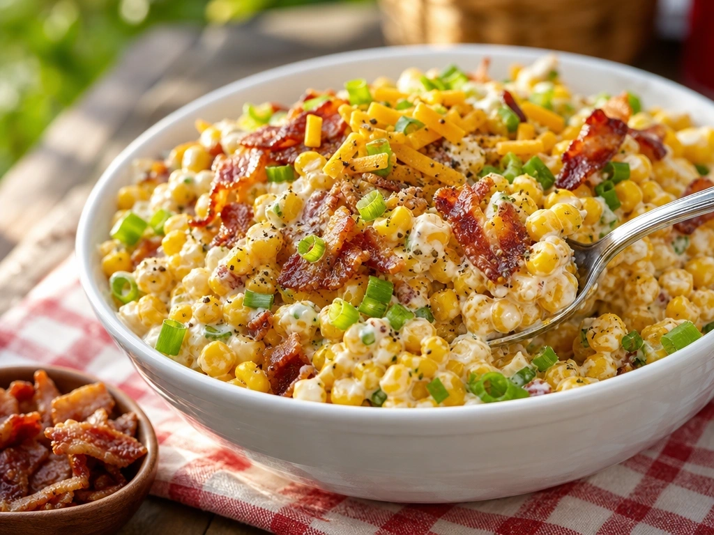 Creamy Southern corn salad topped with crispy bacon and cheddar cheese in a white bowl at a sunny backyard summer picnic.