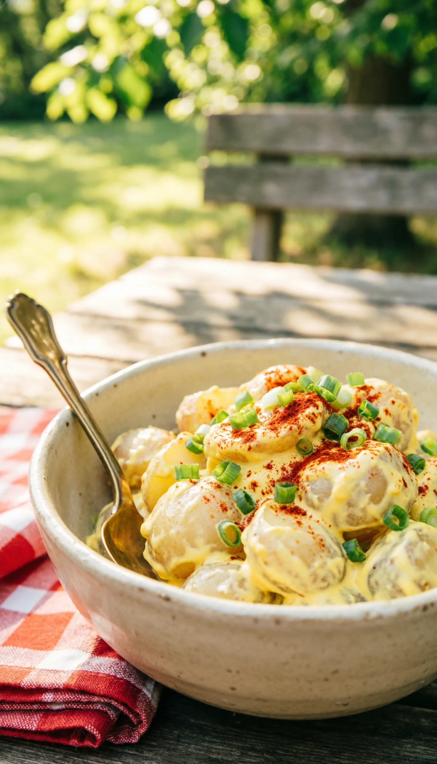 Creamy Southern mustard potato salad with paprika and green onions in a rustic ceramic bowl on a wooden table.