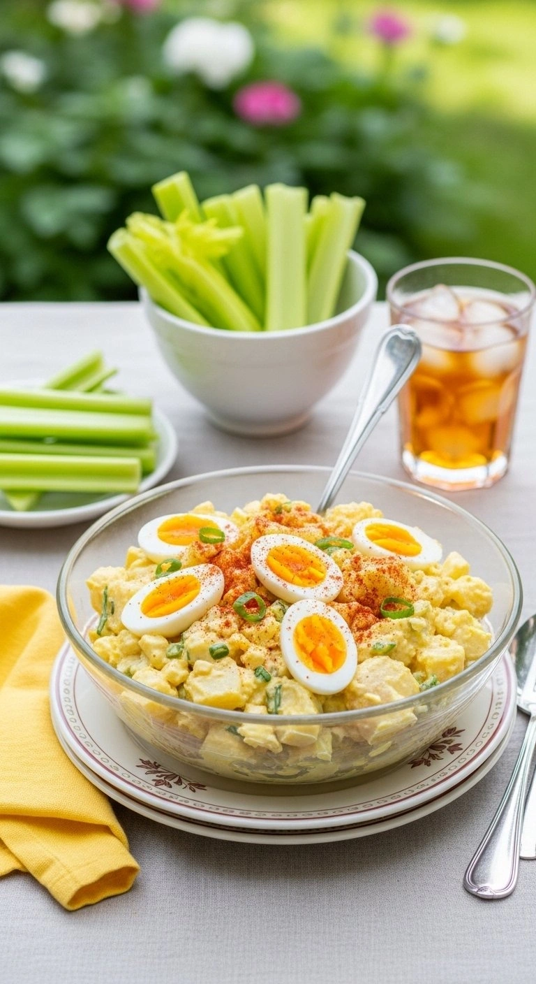 Creamy Southern Potato Salad Topped With Hard-Boiled Eggs And Paprika In A Glass Bowl On A Linen Garden Tablecloth.