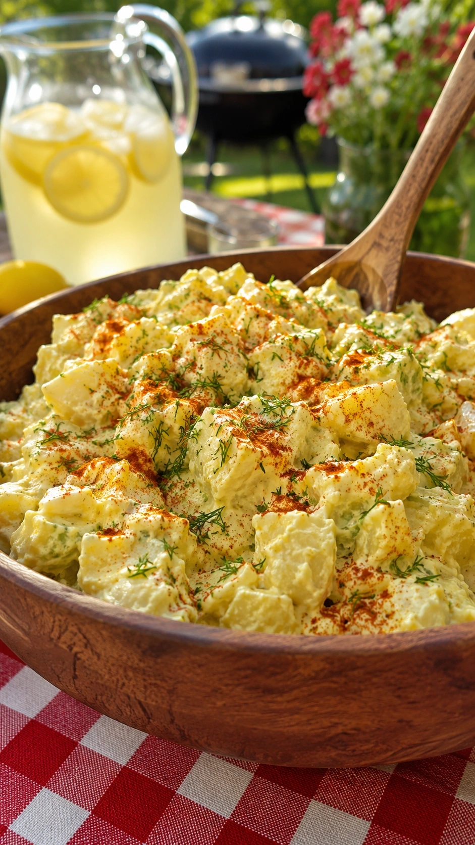 Creamy Southern style potato salad with mustard and paprika in a rustic bowl on a red checkered picnic tablecloth.