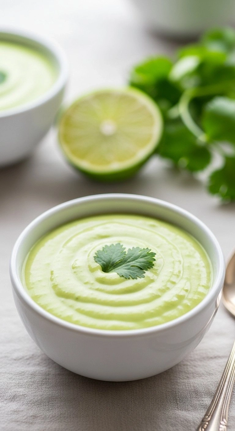 Creamy Avocado Lime Sauce In A White Ceramic Bowl Garnished With Cilantro On A Light Linen Tablecloth.