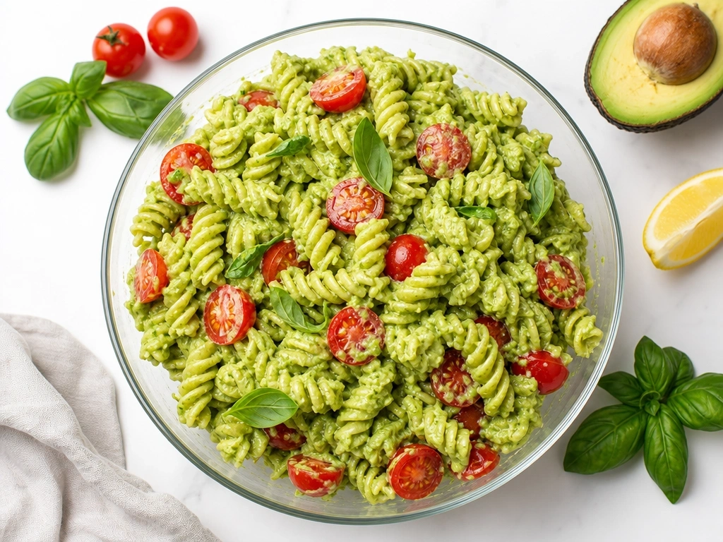 Creamy avocado pesto pasta salad with rotini, cherry tomatoes, and fresh basil leaves in a modern glass bowl.
