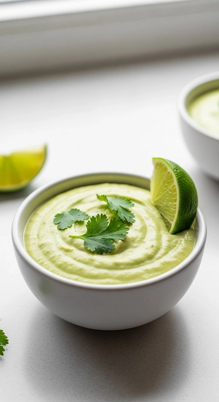 Creamy Avocado Ranch Dipping Sauce In A Ceramic Bowl Garnished With Fresh Cilantro And A Lime Wedge On The Side.
