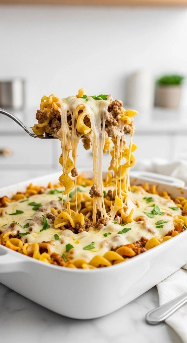 Creamy Beef And Cheese Noodle Casserole With Melted Cheese Stretching From A Silver Spatula In A White Ceramic Pan.