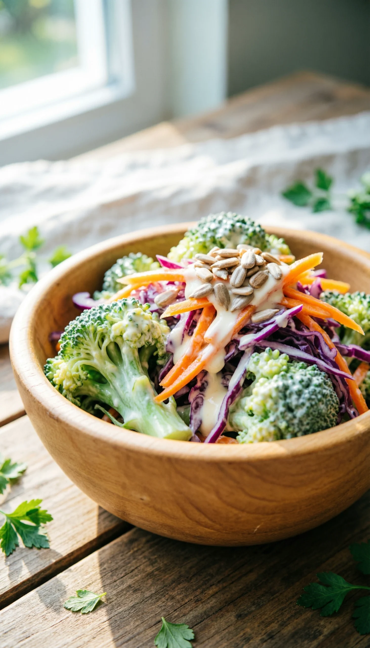 Creamy broccoli slaw with carrots, purple cabbage, and sunflower seeds in a rustic bowl on a picnic table.