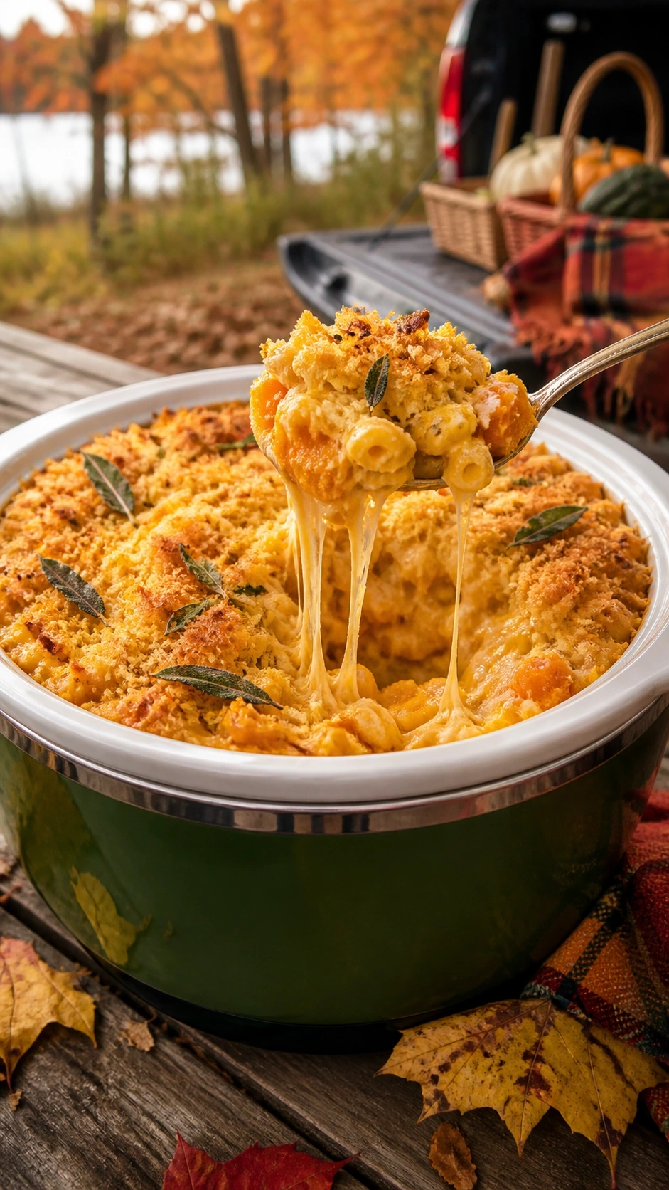 Creamy butternut squash macaroni and cheese topped with sage and breadcrumbs in a rustic casserole dish outdoors.