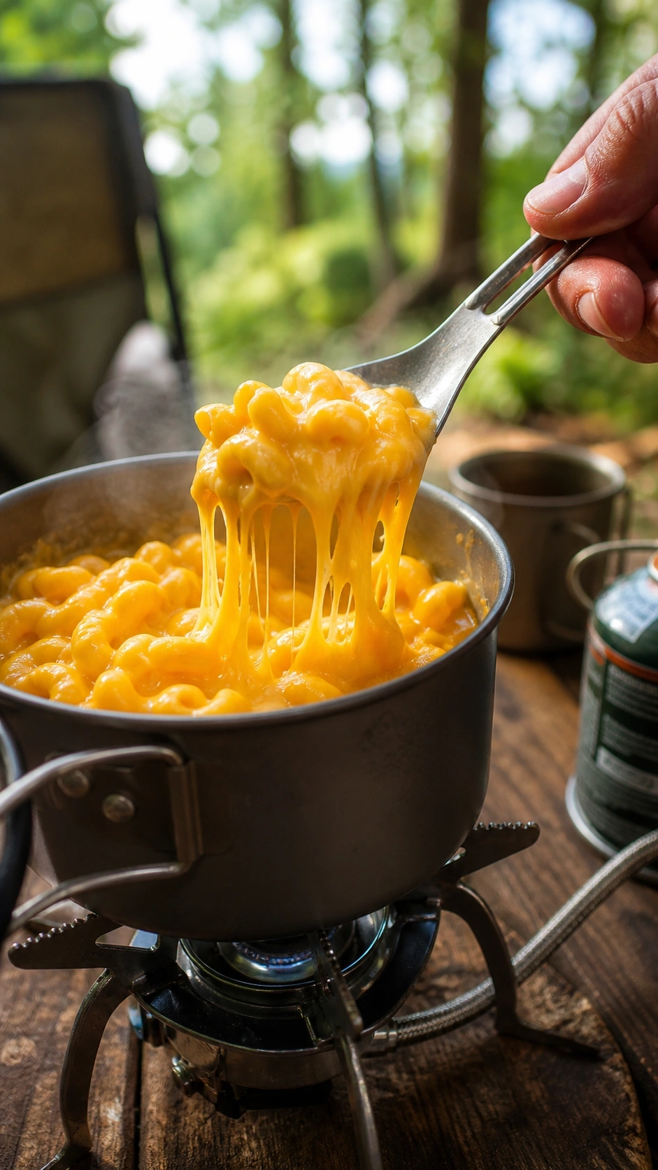 Creamy camp stove mac and cheese with gooey cheese pulls being scooped from an aluminum pot on a propane stove.