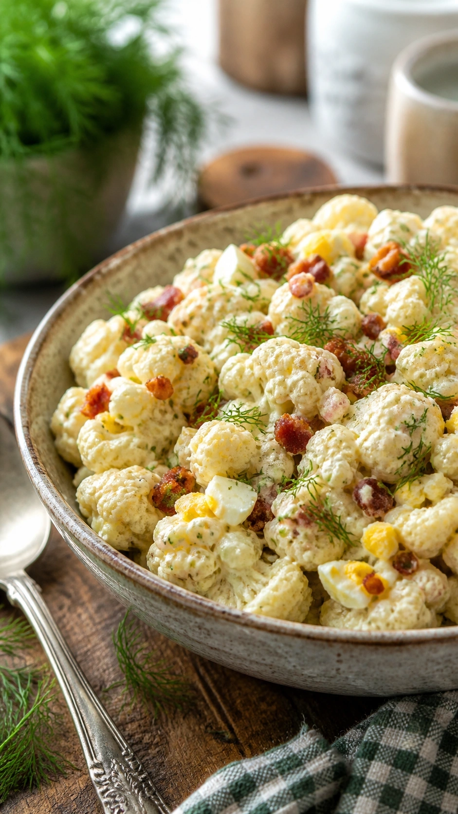 Creamy cauliflower mock potato salad with bacon, eggs, and fresh dill in a rustic bowl on a wooden table.
