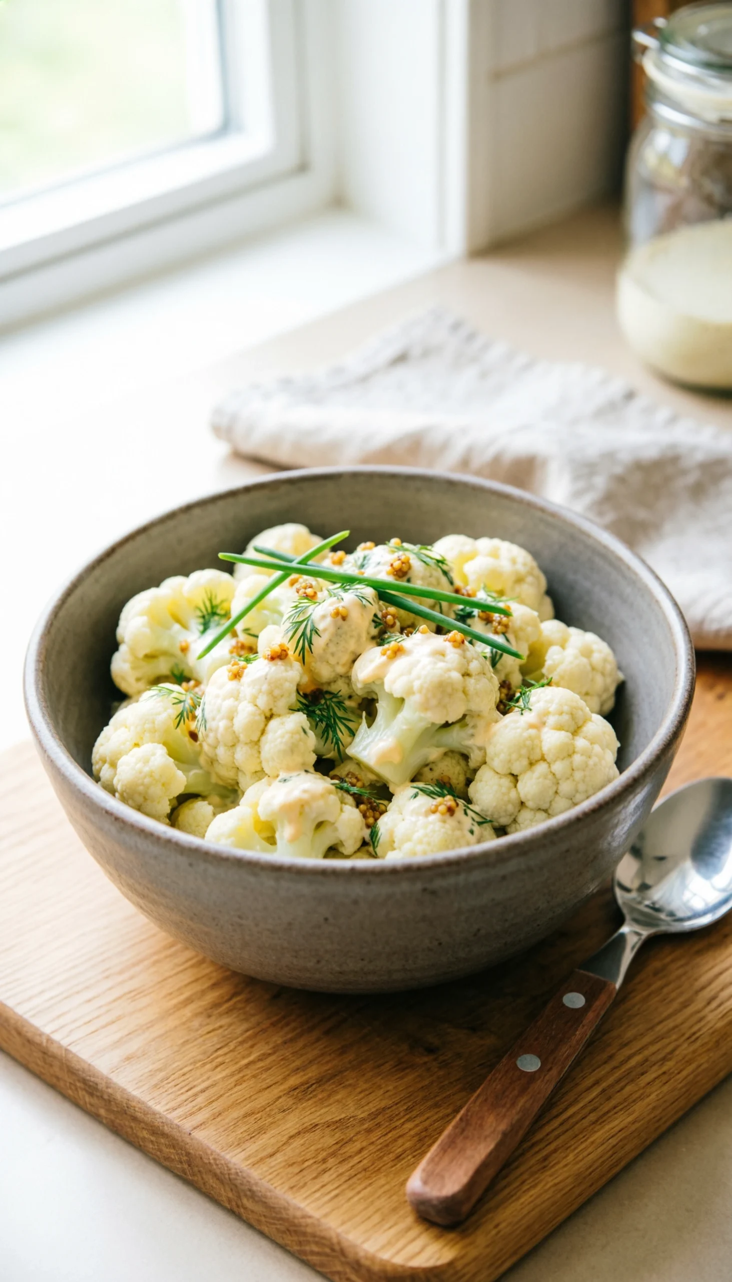 Creamy cauliflower mock potato salad with steamed florets in dill-mustard dressing, garnished with fresh green herb flecks.