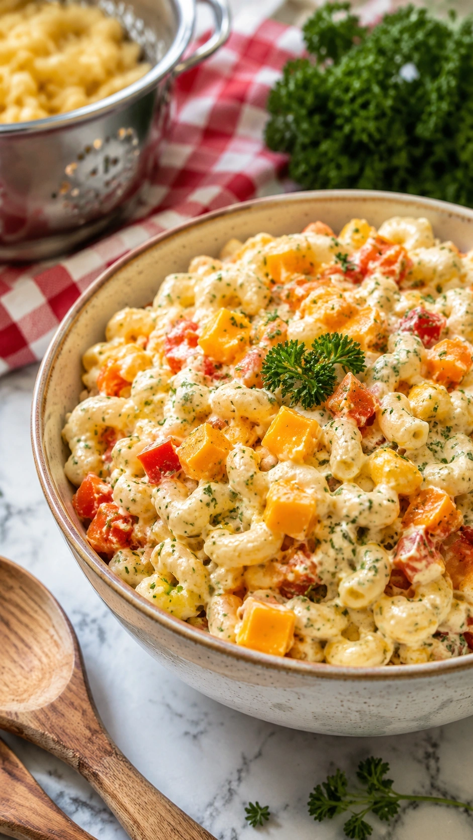 Creamy cheddar macaroni salad with red bell peppers and fresh herbs in a bowl on a marble countertop, perfect for a summer picnic.