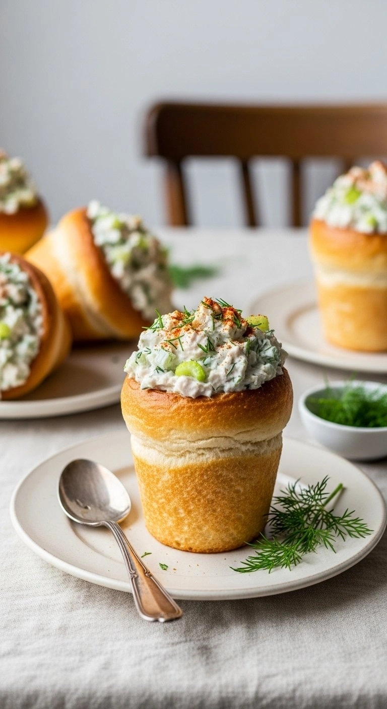 Creamy Chicken Salad Stuffed Bread Cone With Fresh Dill And Celery Served On A Vintage Ceramic Plate For Brunch.