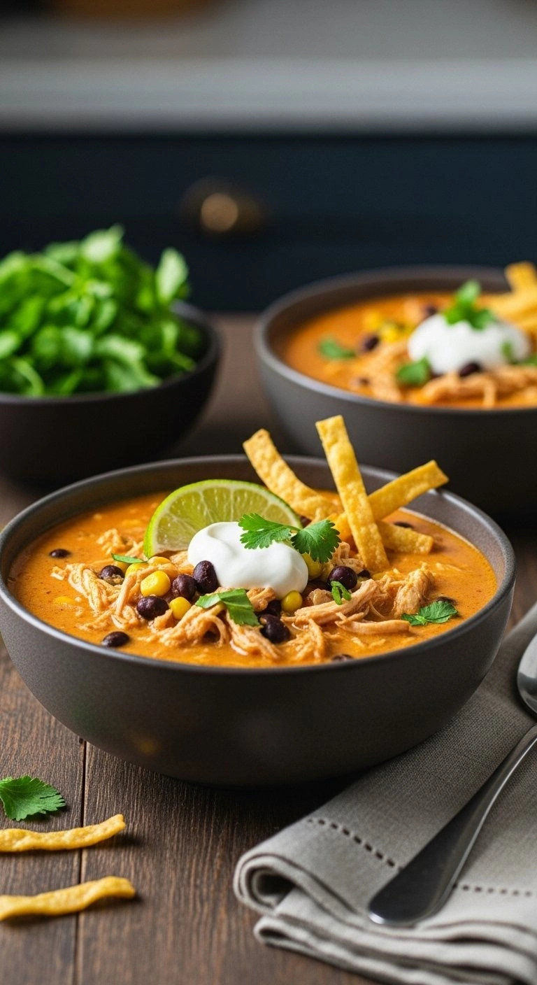 Creamy Chicken Tortilla Soup In A Rustic Bowl Topped With Sour Cream, Fresh Cilantro, Lime, And Crispy Tortilla Strips.