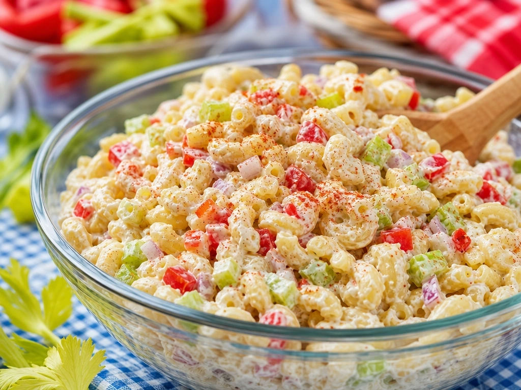 Creamy classic macaroni salad with elbow pasta, diced bell peppers, celery, and red onions in a light dressing with paprika.