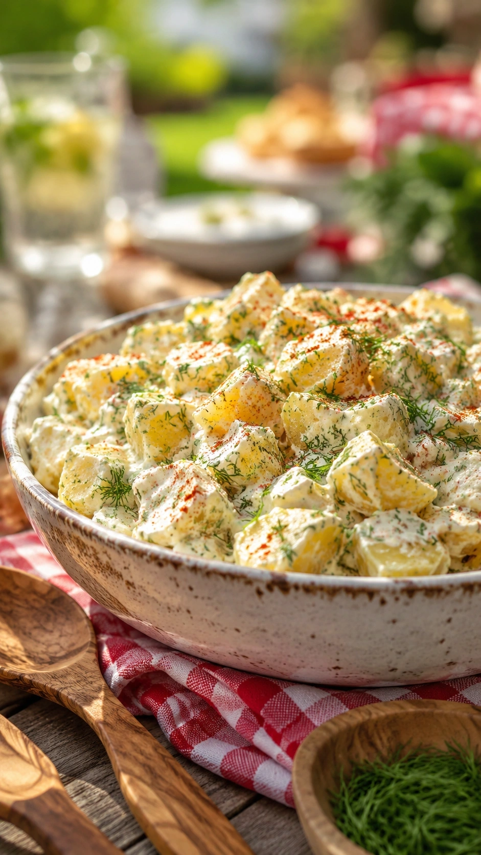Creamy classic potato salad with yellow potatoes, Greek yogurt-Dijon dressing, fresh dill, and paprika in a rustic bowl for summer.