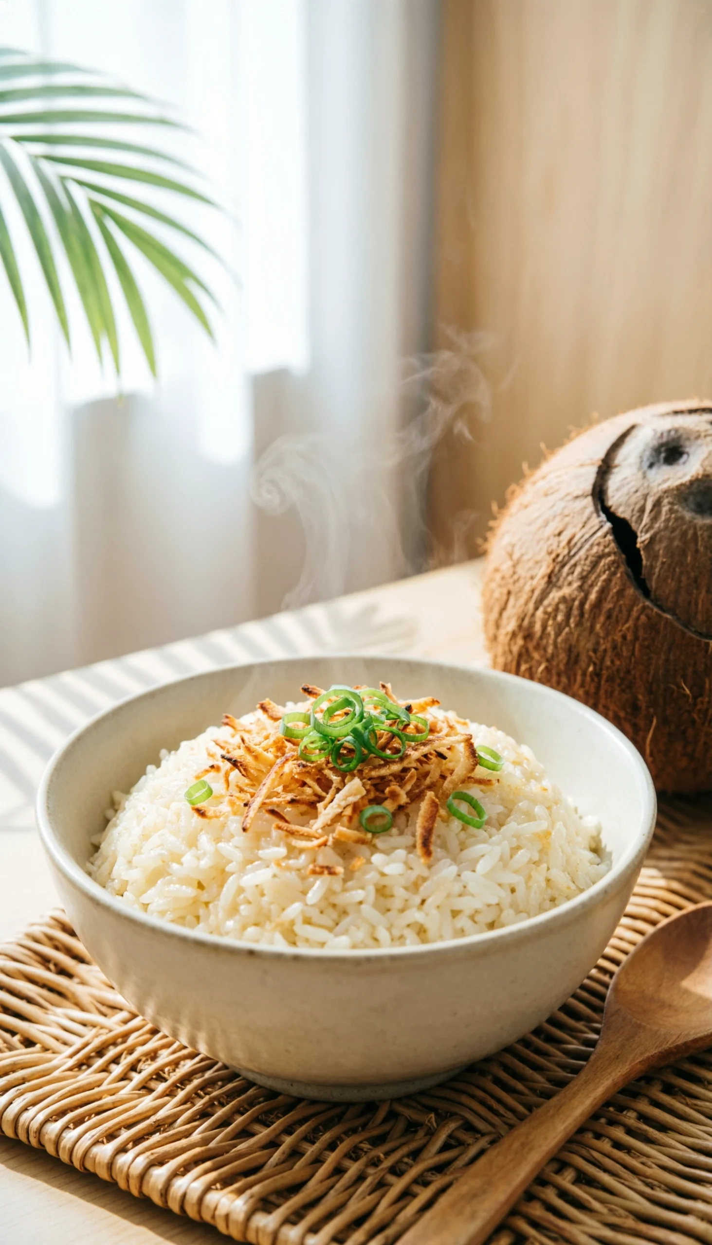 Creamy coconut rice topped with toasted coconut flakes and sliced scallions in a bowl on a textured woven placemat.