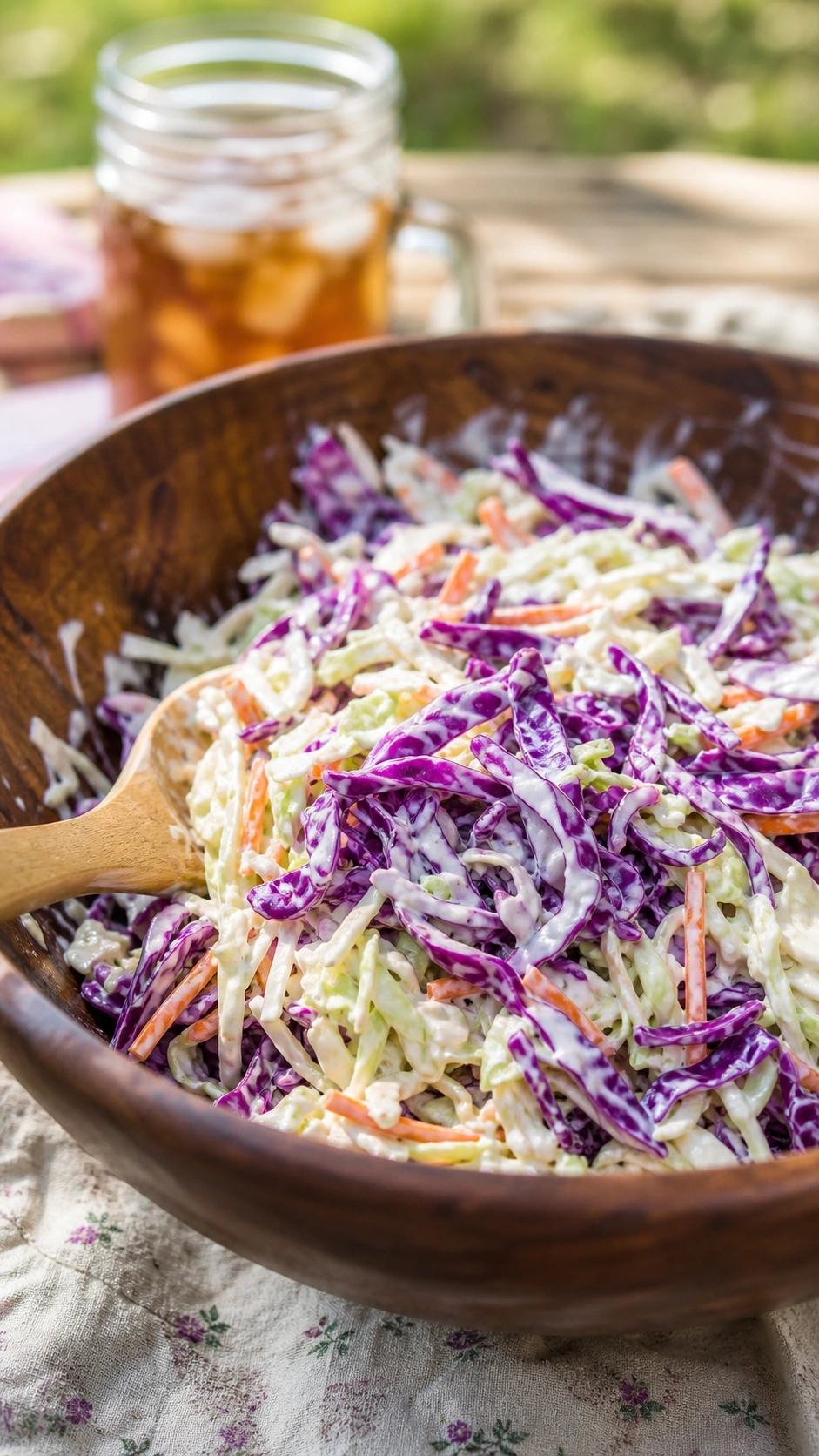 Creamy coleslaw with purple cabbage and orange carrots in a rustic wooden bowl, with a serving spoon and sweet tea, ready for a picnic.