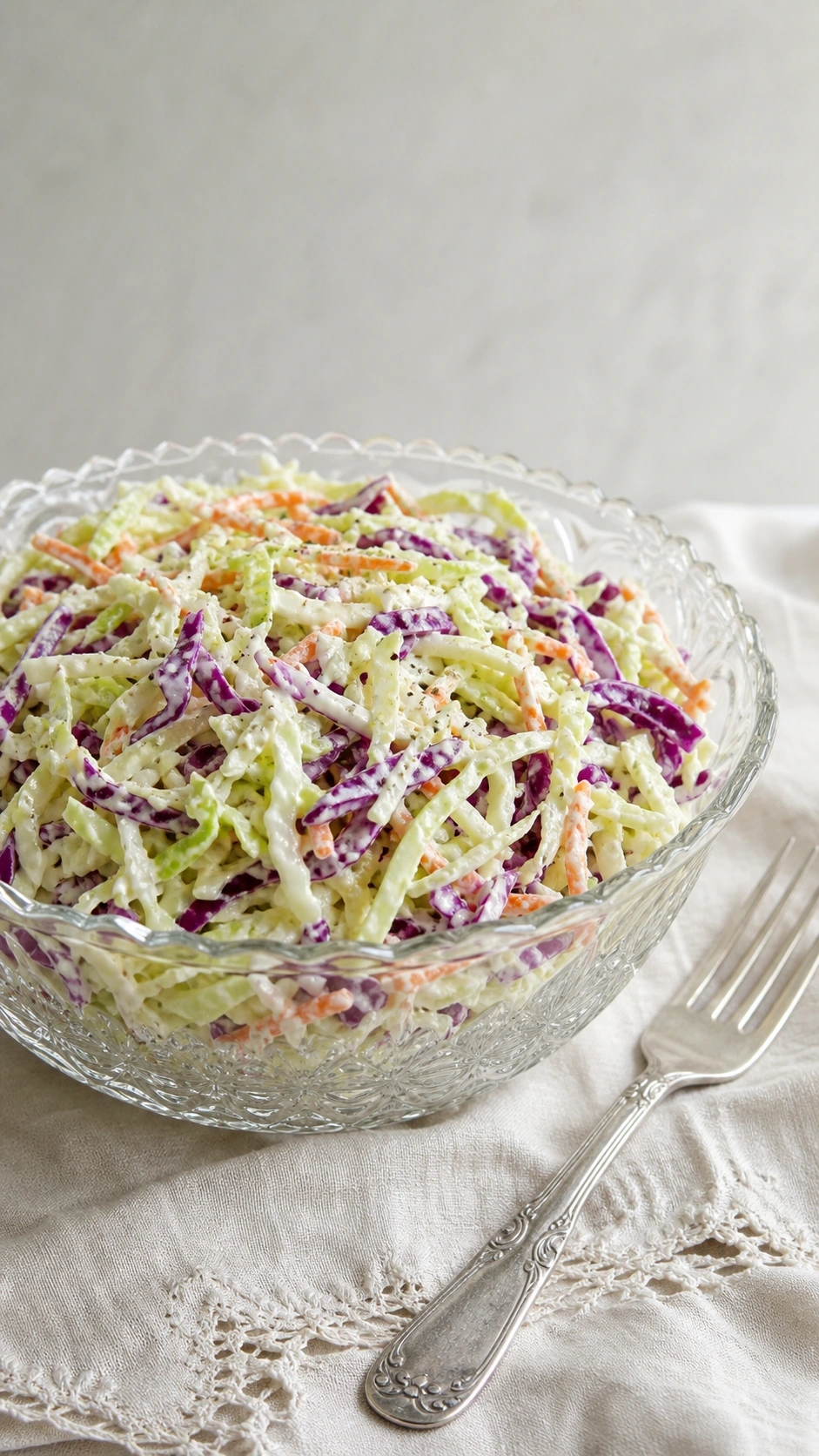 Creamy coleslaw with shredded cabbage and carrots in a vintage glass bowl on a light linen tablecloth.