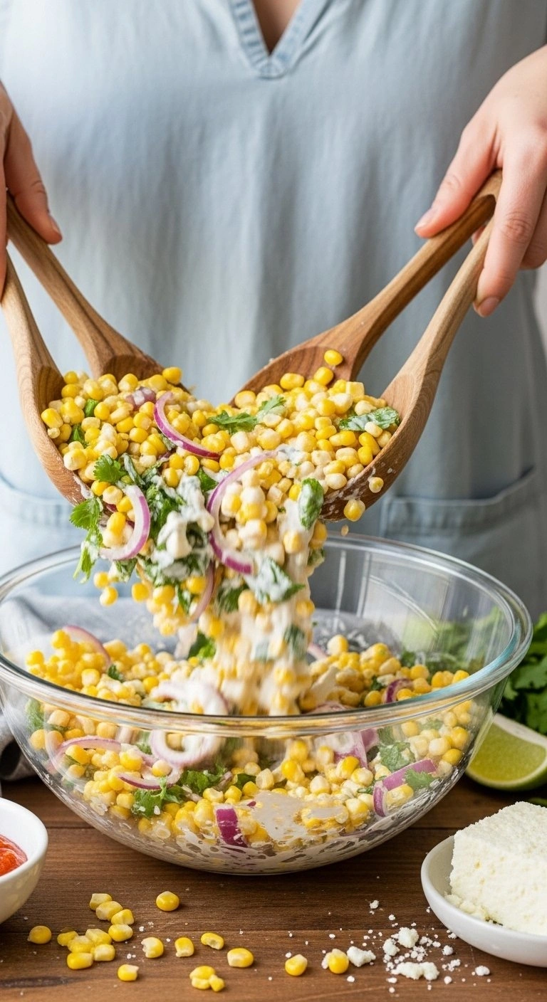 Creamy Corn Salad With Red Onions And Cilantro Being Tossed In A Glass Bowl With Wooden Spoons On A Rustic Table.