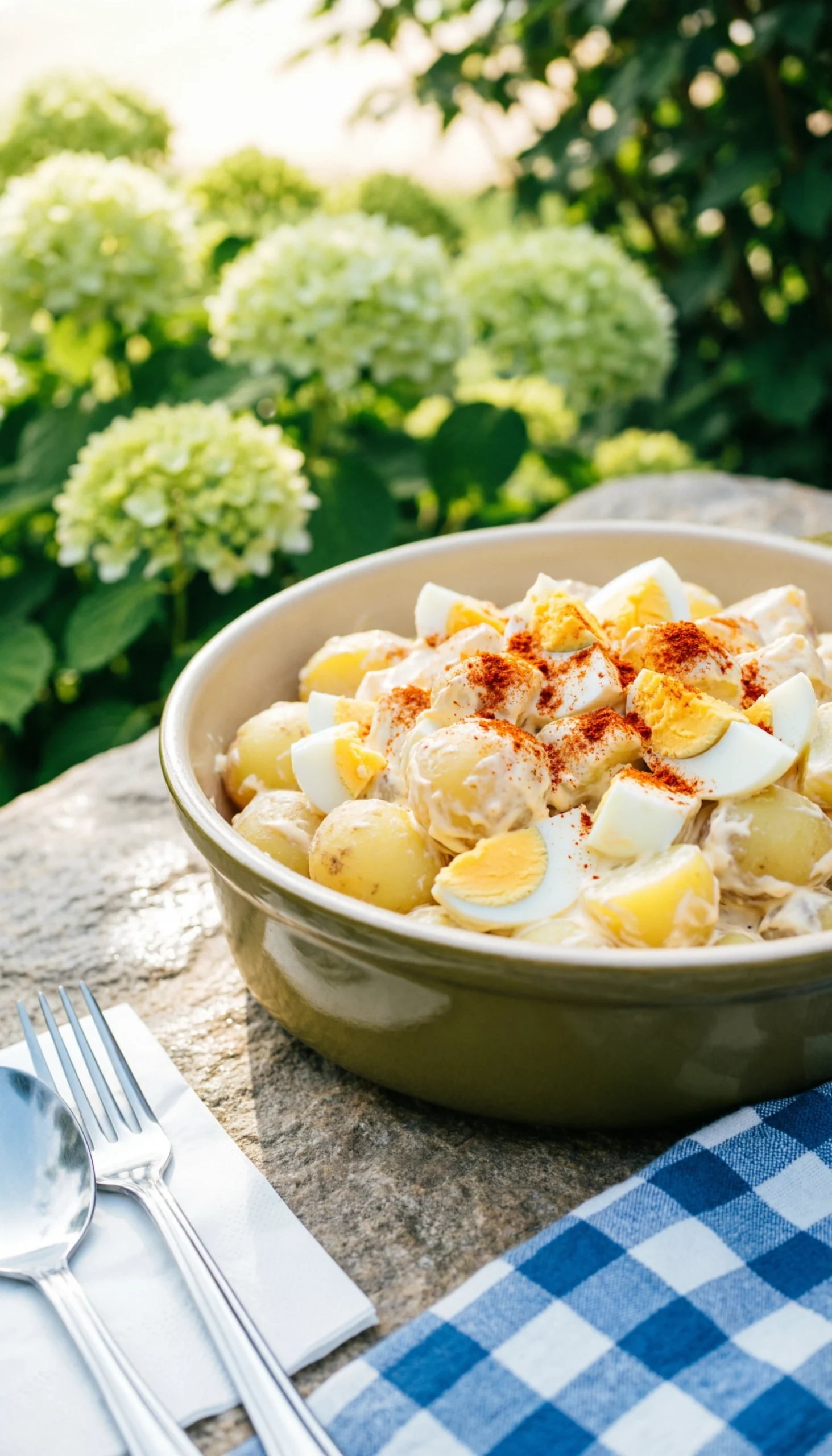 Creamy crockpot potato salad with tender potatoes, hard-boiled eggs, and smoked paprika, served at an outdoor buffet.
