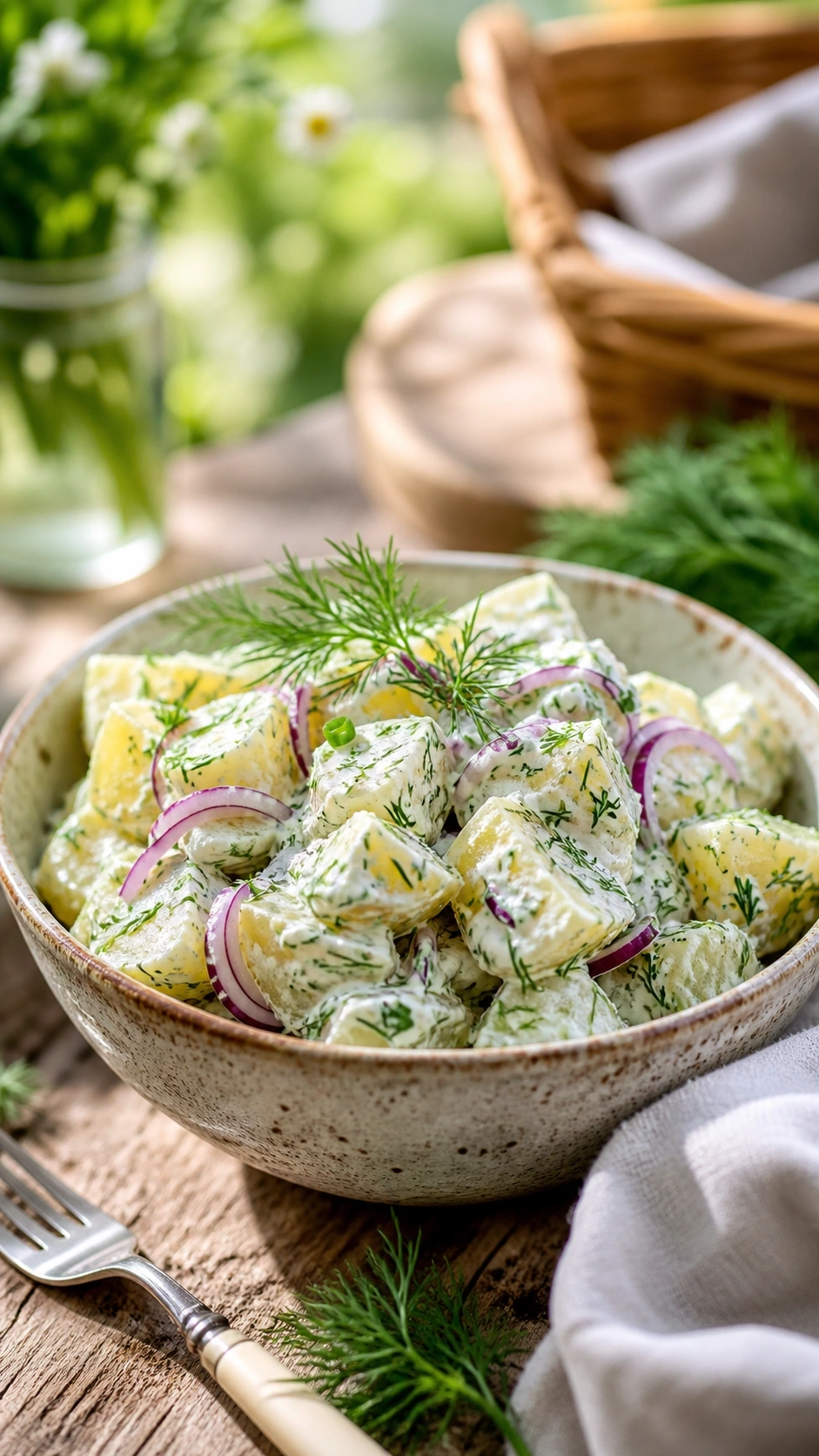 Creamy dairy-free potato salad with fresh dill and sliced red onion in a rustic bowl on a wooden picnic table.