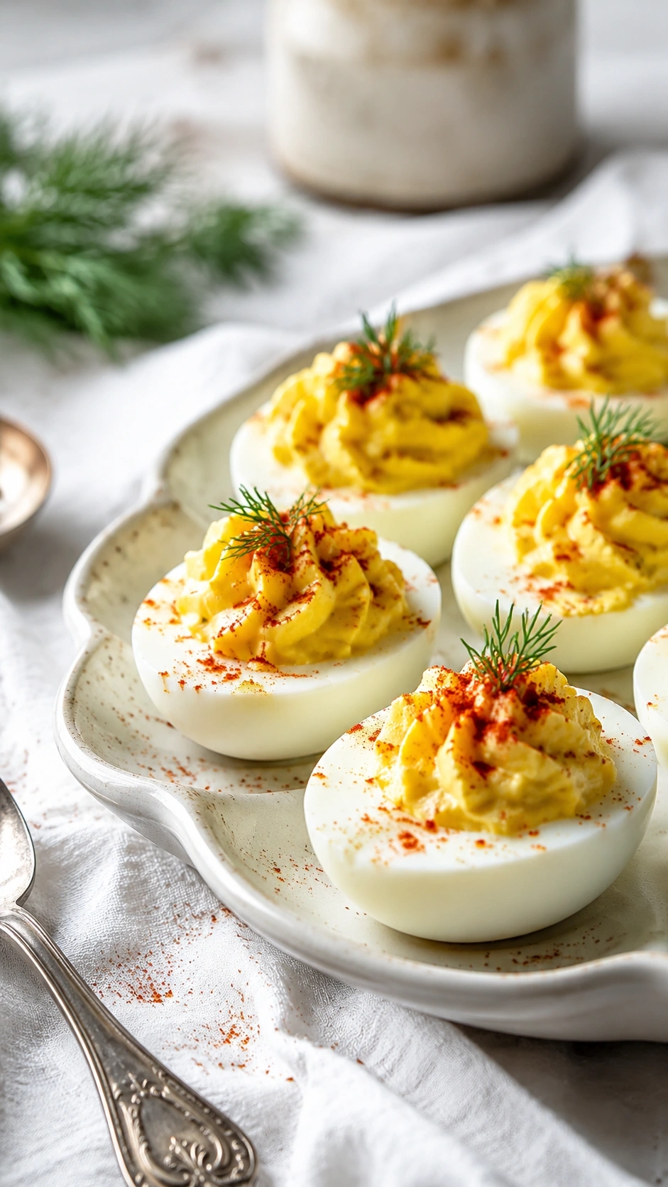 Creamy deviled eggs with piped yolk filling and paprika dusting on a white ceramic platter with fresh dill garnish.