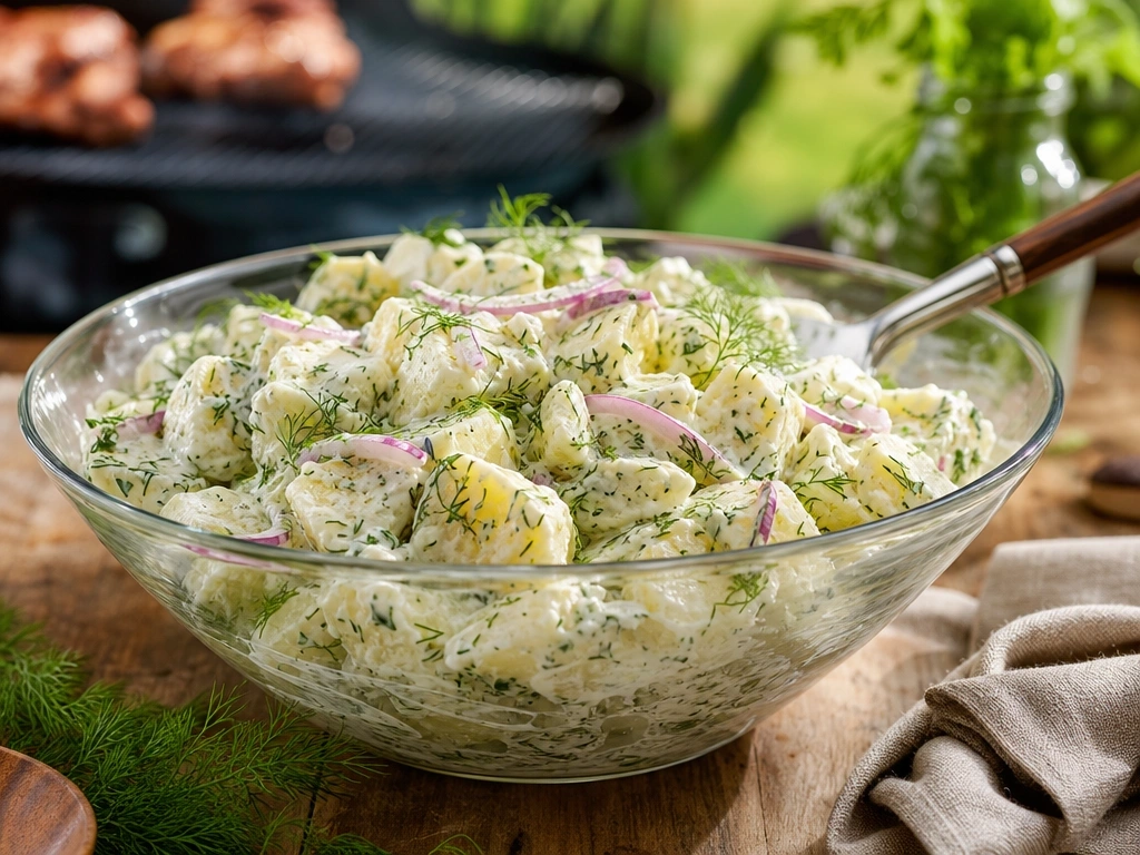 Creamy dill potato salad with red onion and fresh dill in a glass bowl, ready for a backyard cookout on a rustic table.