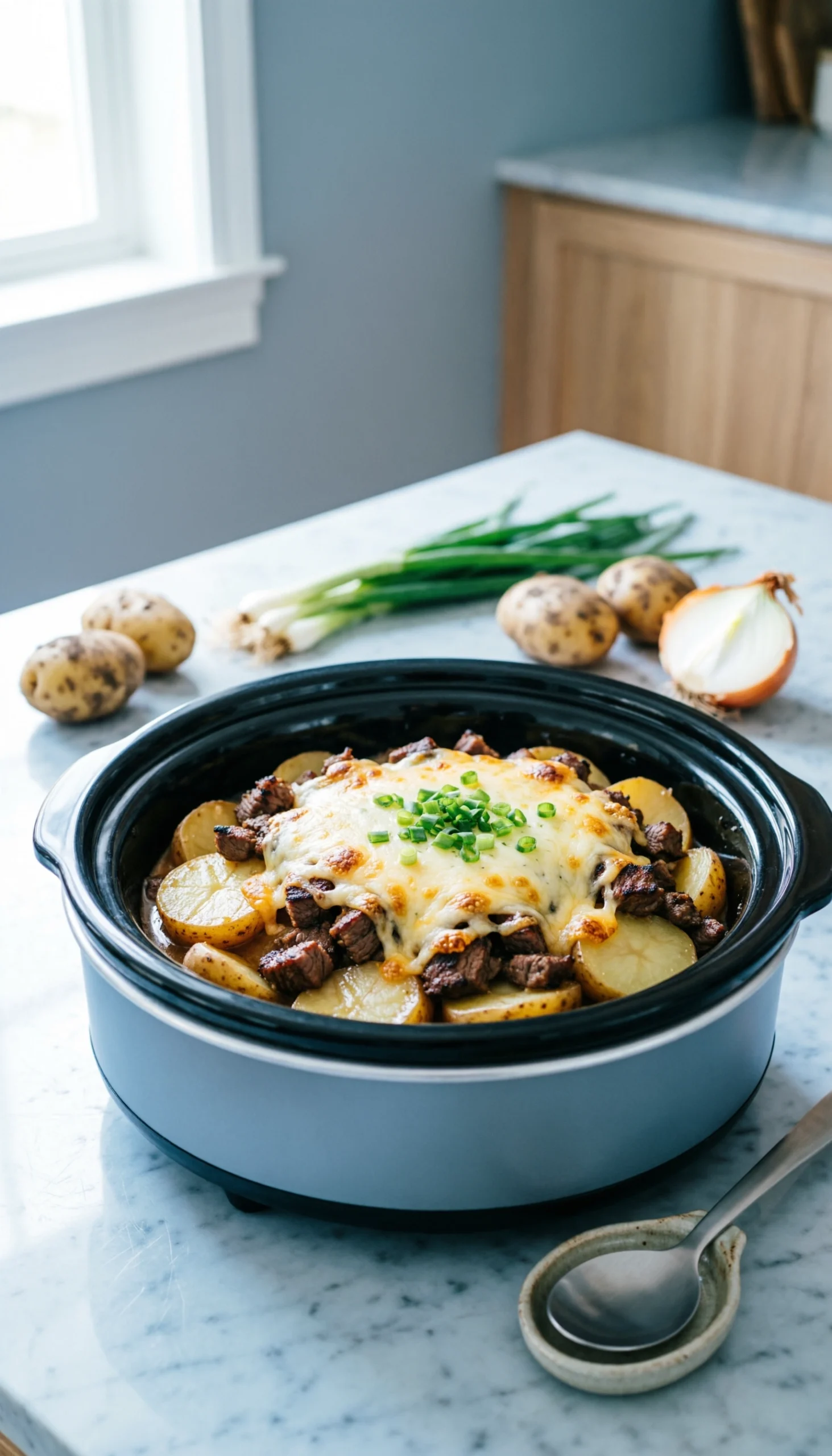 Creamy hobo casserole in a slow cooker, with tender potatoes, ground beef, melted cheese, and chives on a marble countertop.