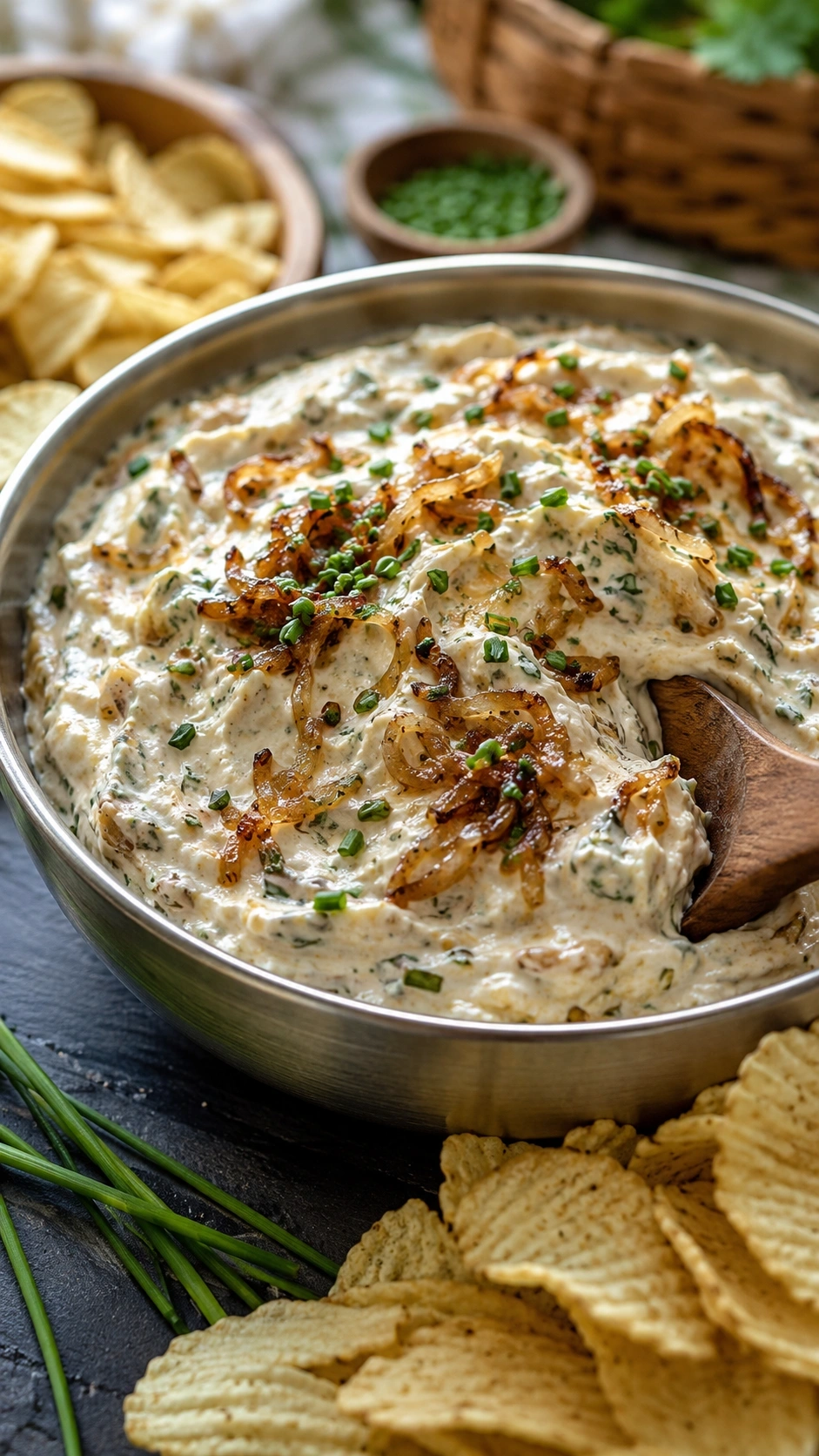 Creamy homemade onion dip with caramelized onions and fresh herbs in a bowl, served with ridged potato chips.