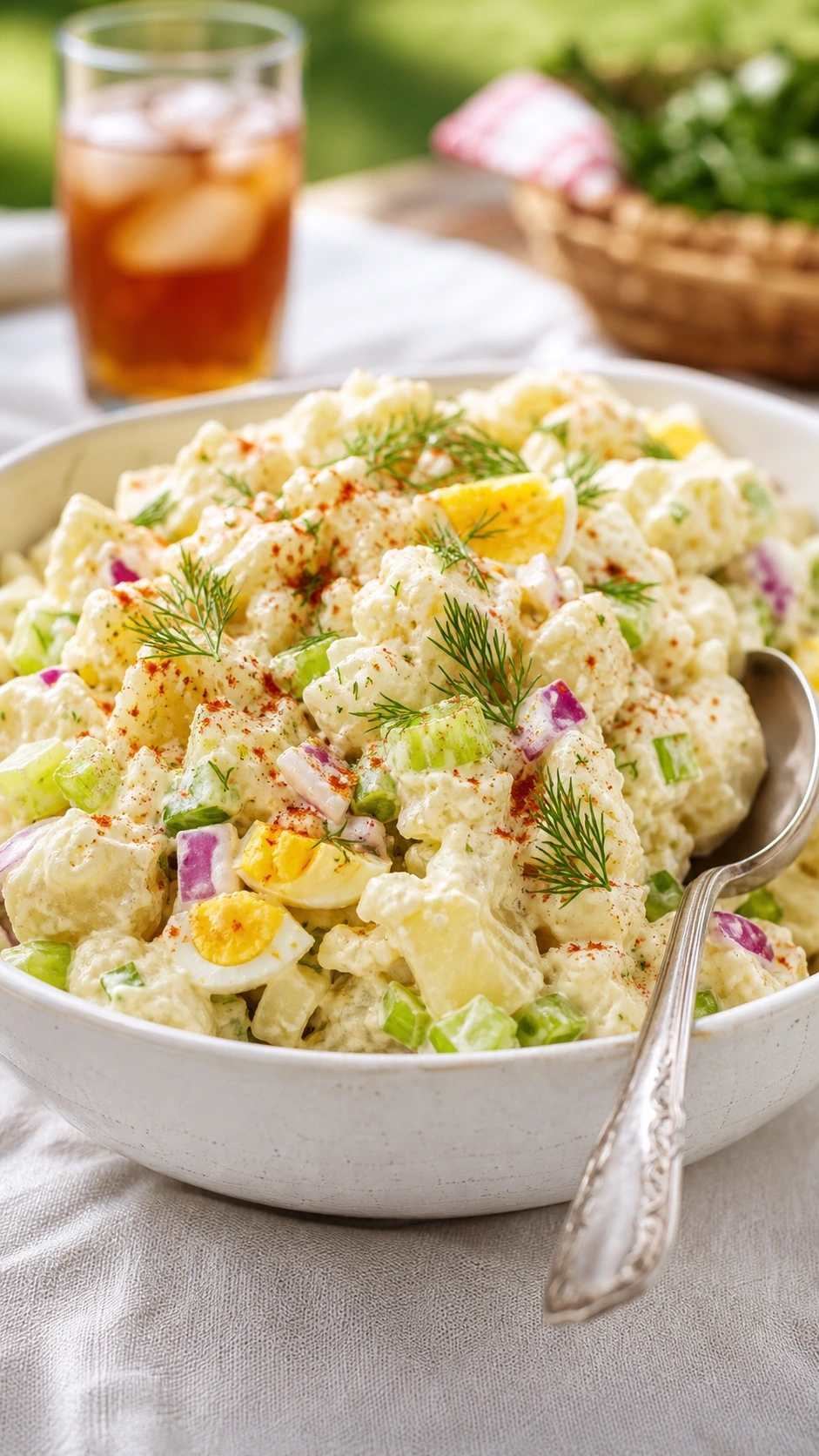 Creamy keto cauliflower potato salad with egg, dill, and paprika in a white bowl on a linen tablecloth for a picnic.