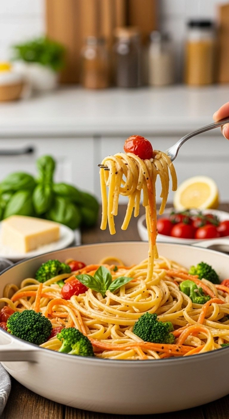 Creamy Lemon-Parmesan Pasta Primavera With Linguine, Broccoli, And Carrots In An Enameled Cast-Iron Dutch Oven.