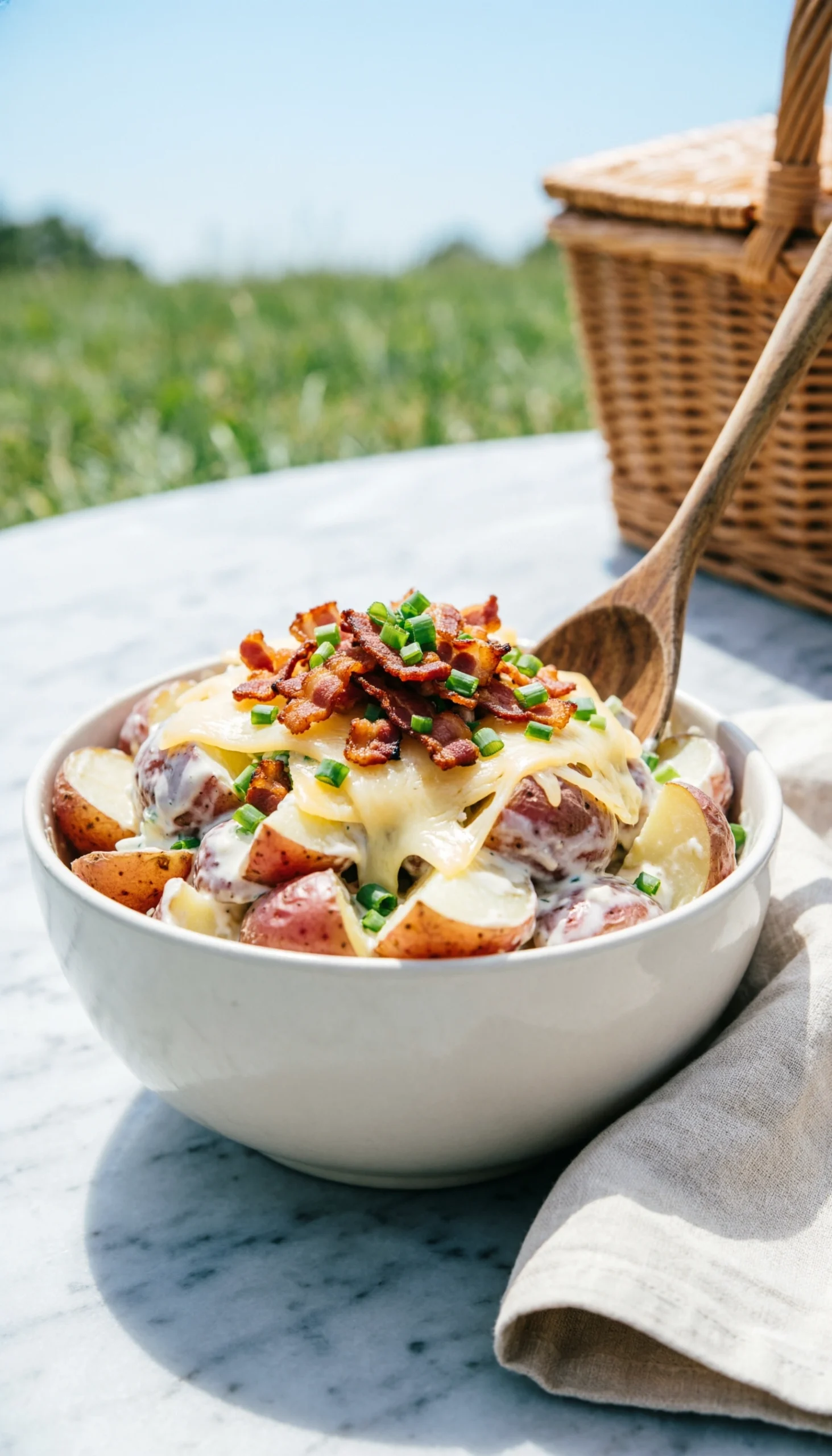 Creamy loaded baked potato salad with crispy bacon, chives, and cheddar cheese in a bowl on a marble countertop.