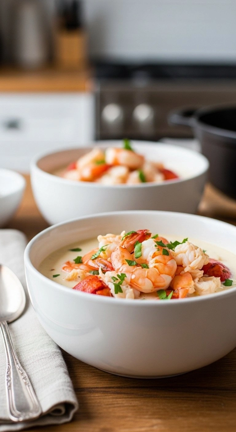 Creamy Lobster And Shrimp Chili Garnished With Parsley In A Bowl On A Rustic Wooden Table With A Silver Spoon.